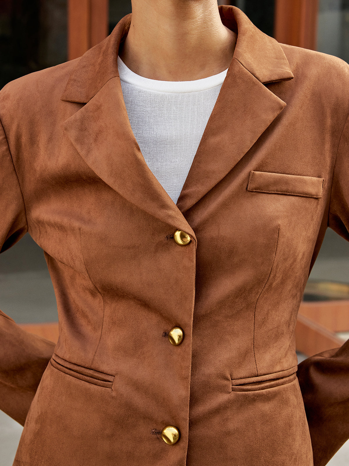 Metal Button Suede Effect Blazer-Chicvia