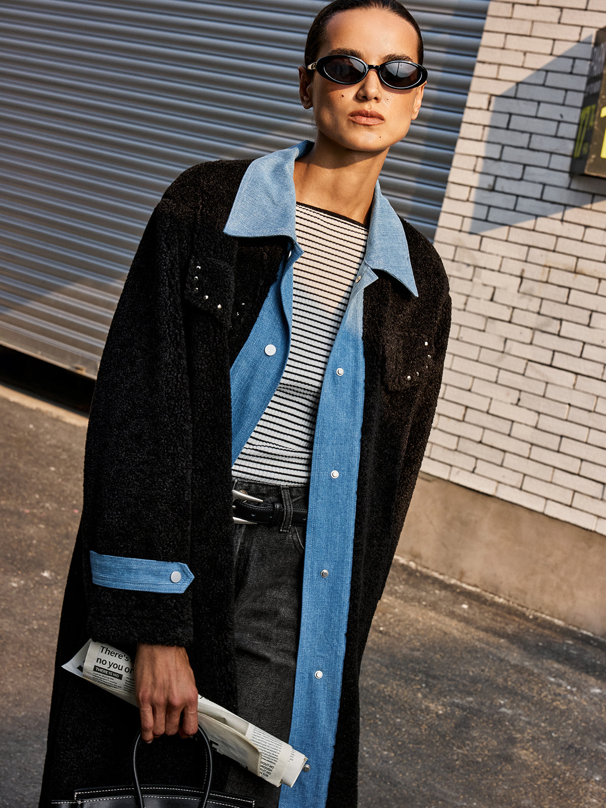 Denim Panel Long Faux Fur Coat-Chicvia