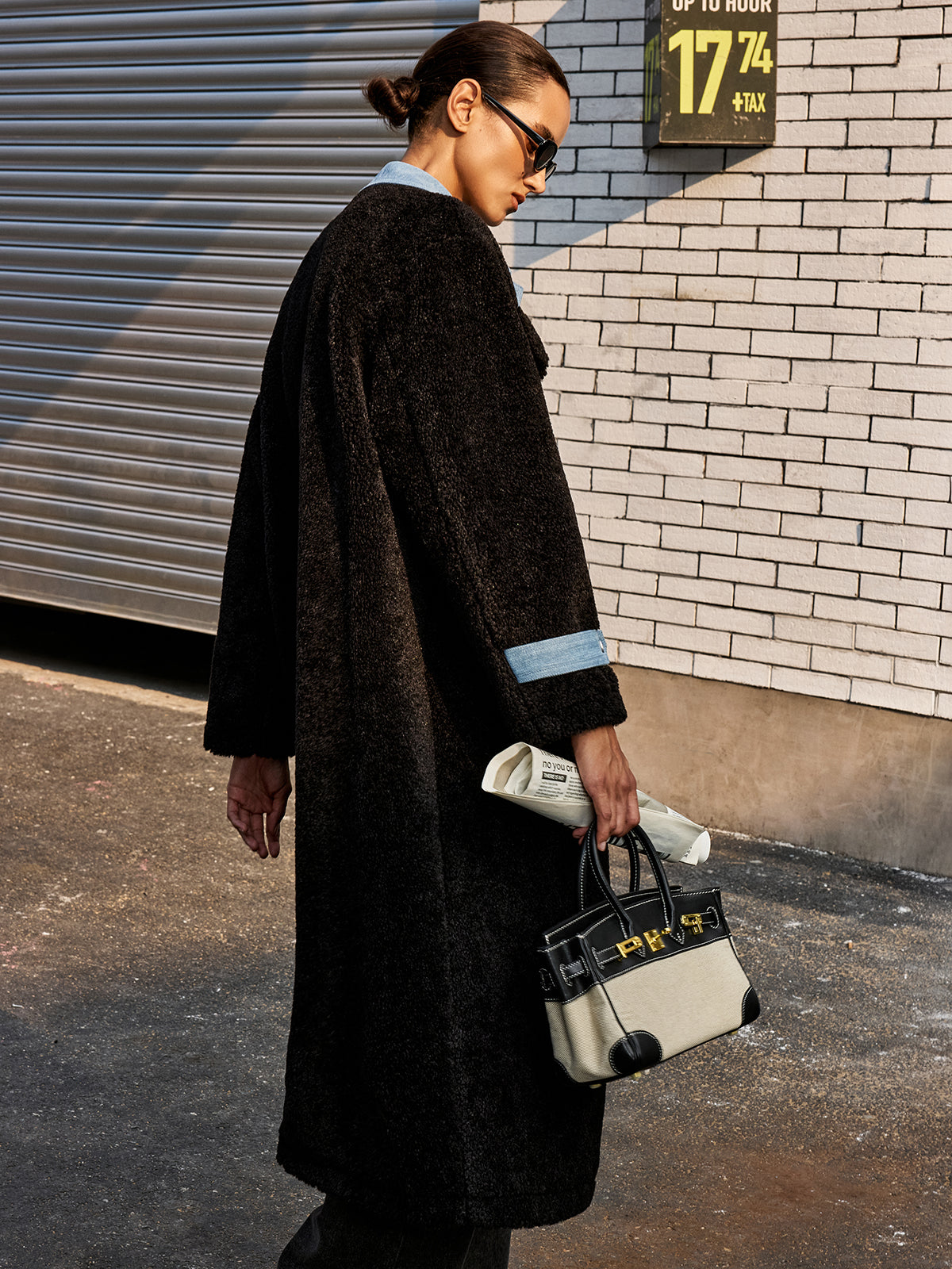 Denim Panel Long Faux Fur Coat-Chicvia