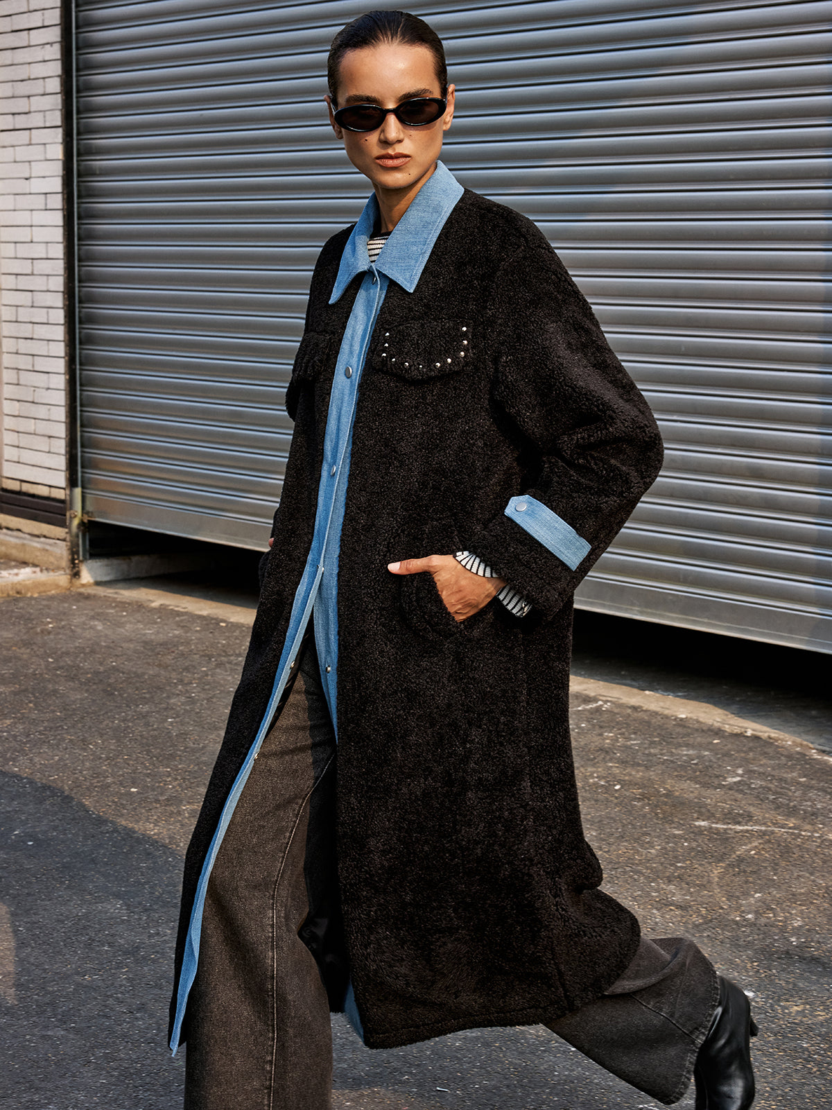 Denim Panel Long Faux Fur Coat-Chicvia