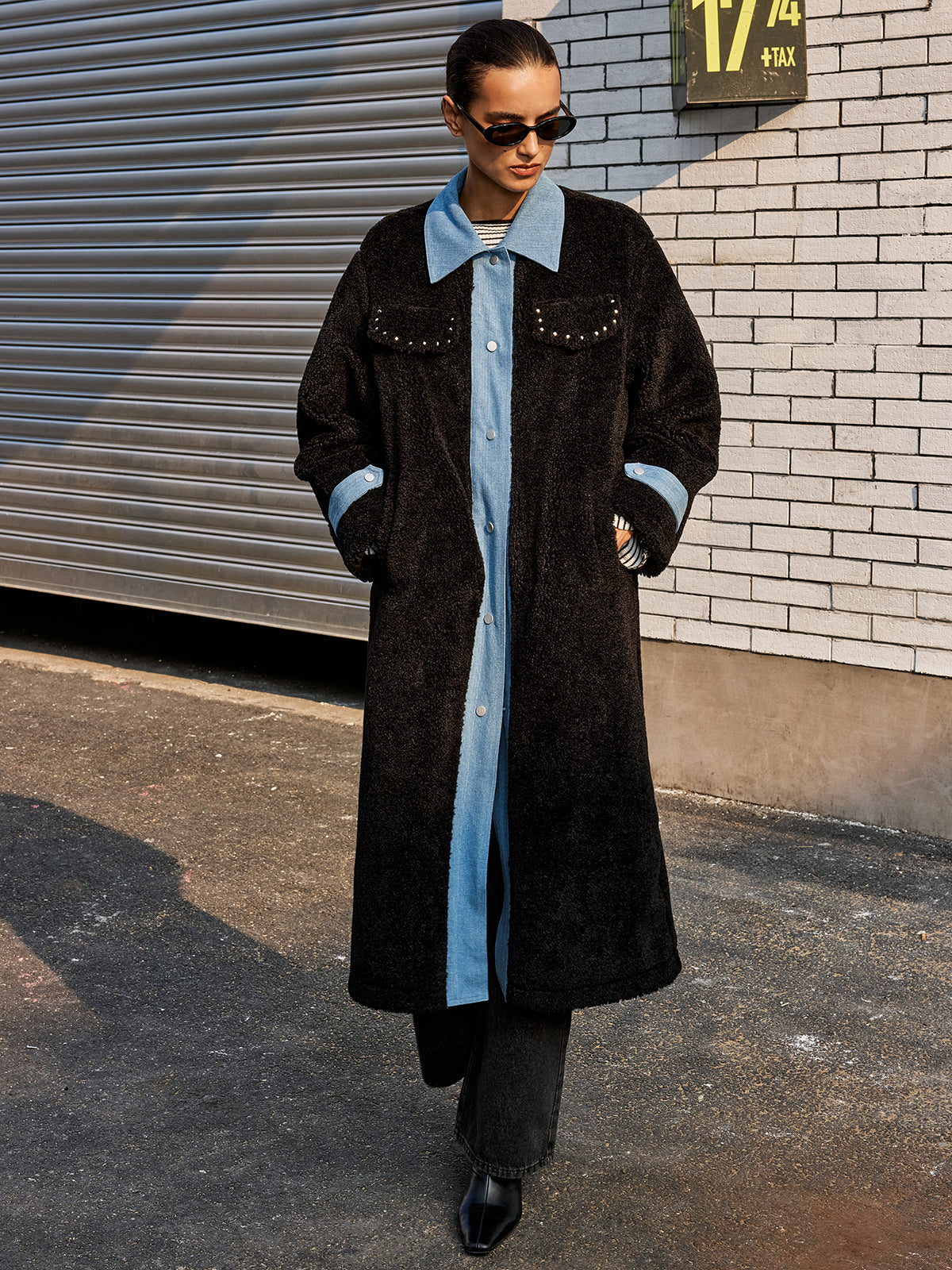 Denim Panel Long Faux Fur Coat-Chicvia