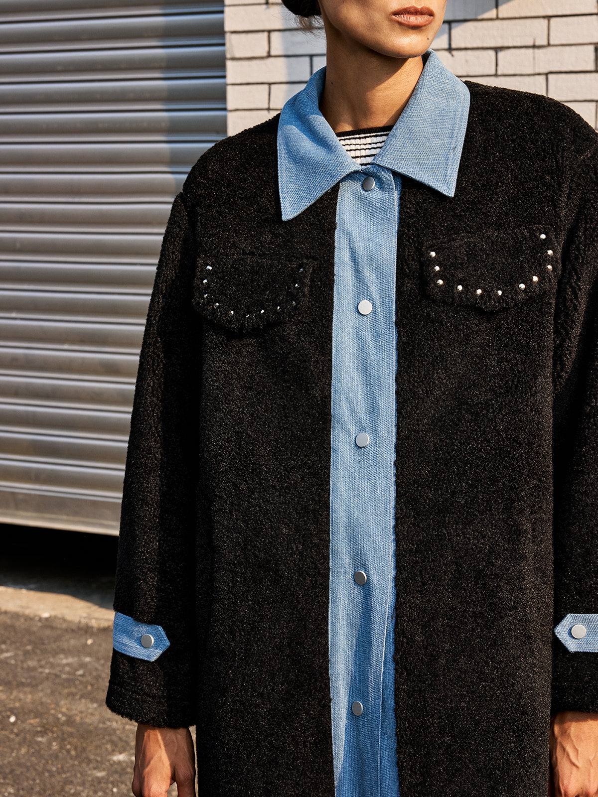 Denim Panel Long Faux Fur Coat-Chicvia