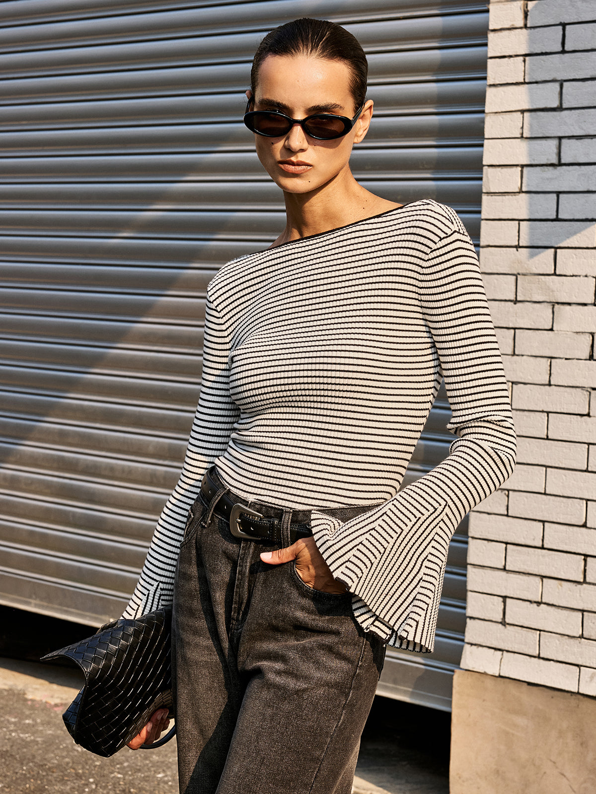 Flared Cuff Backless Striped Bodysuit-Chicvia