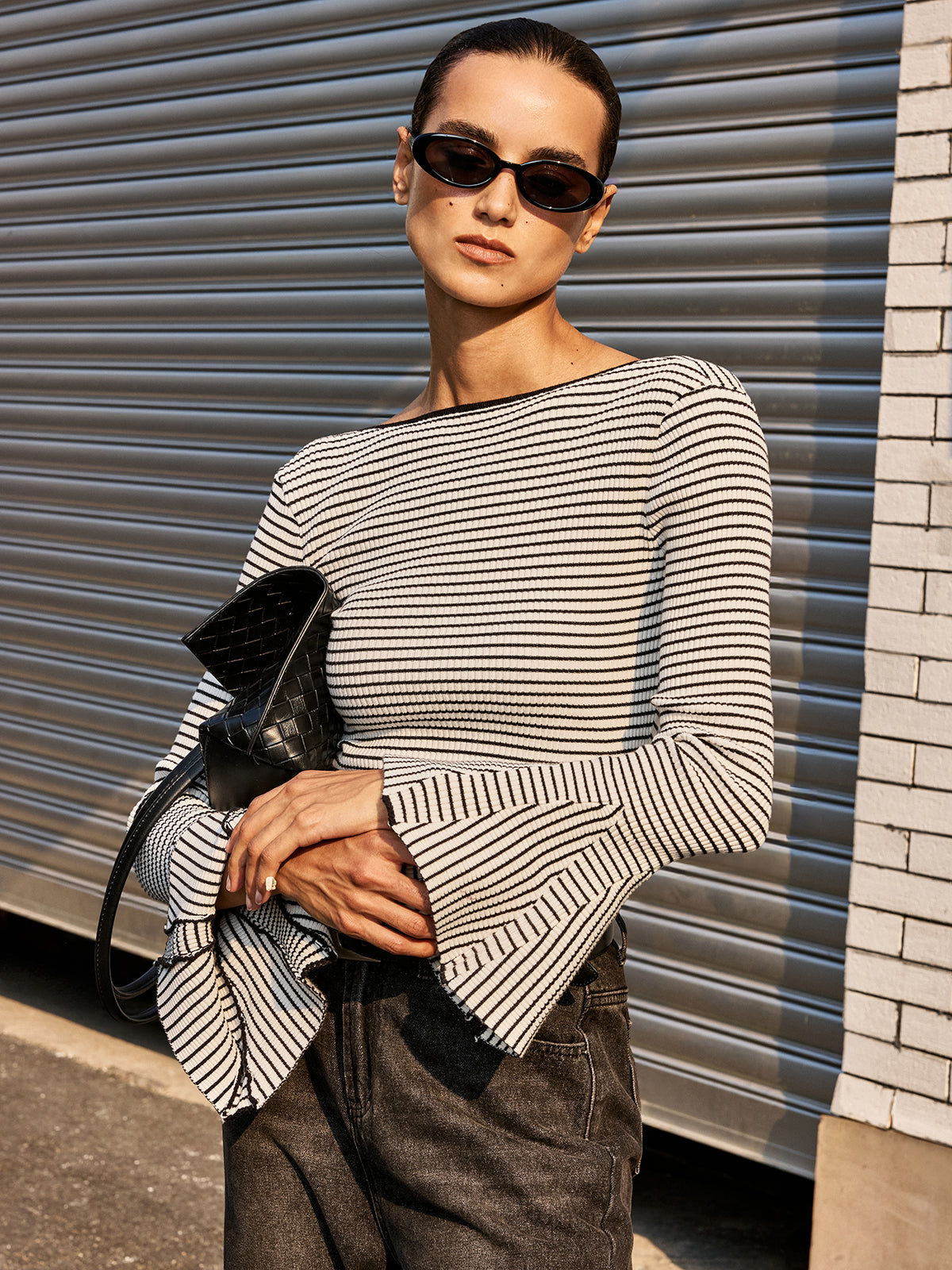 Flared Cuff Backless Striped Bodysuit-Chicvia