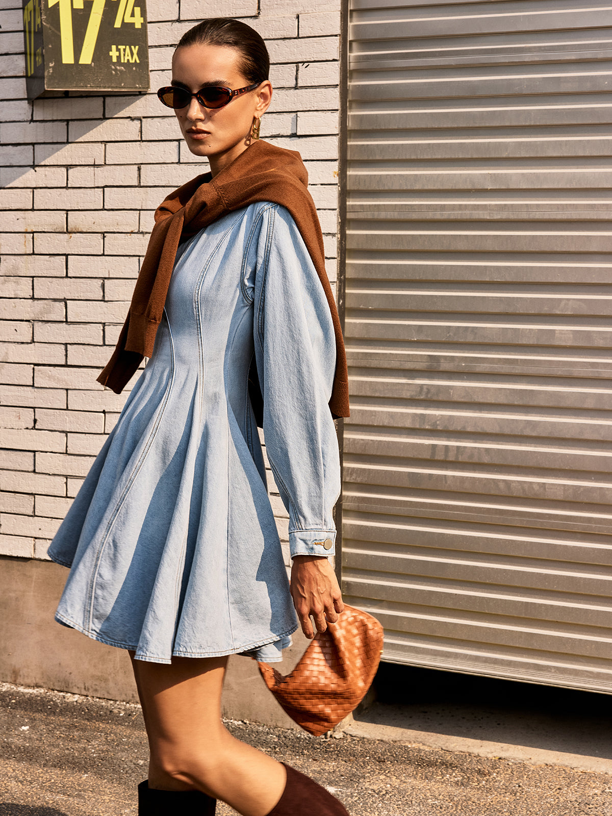 Denim Long Sleeve Flare Dress-Chicvia