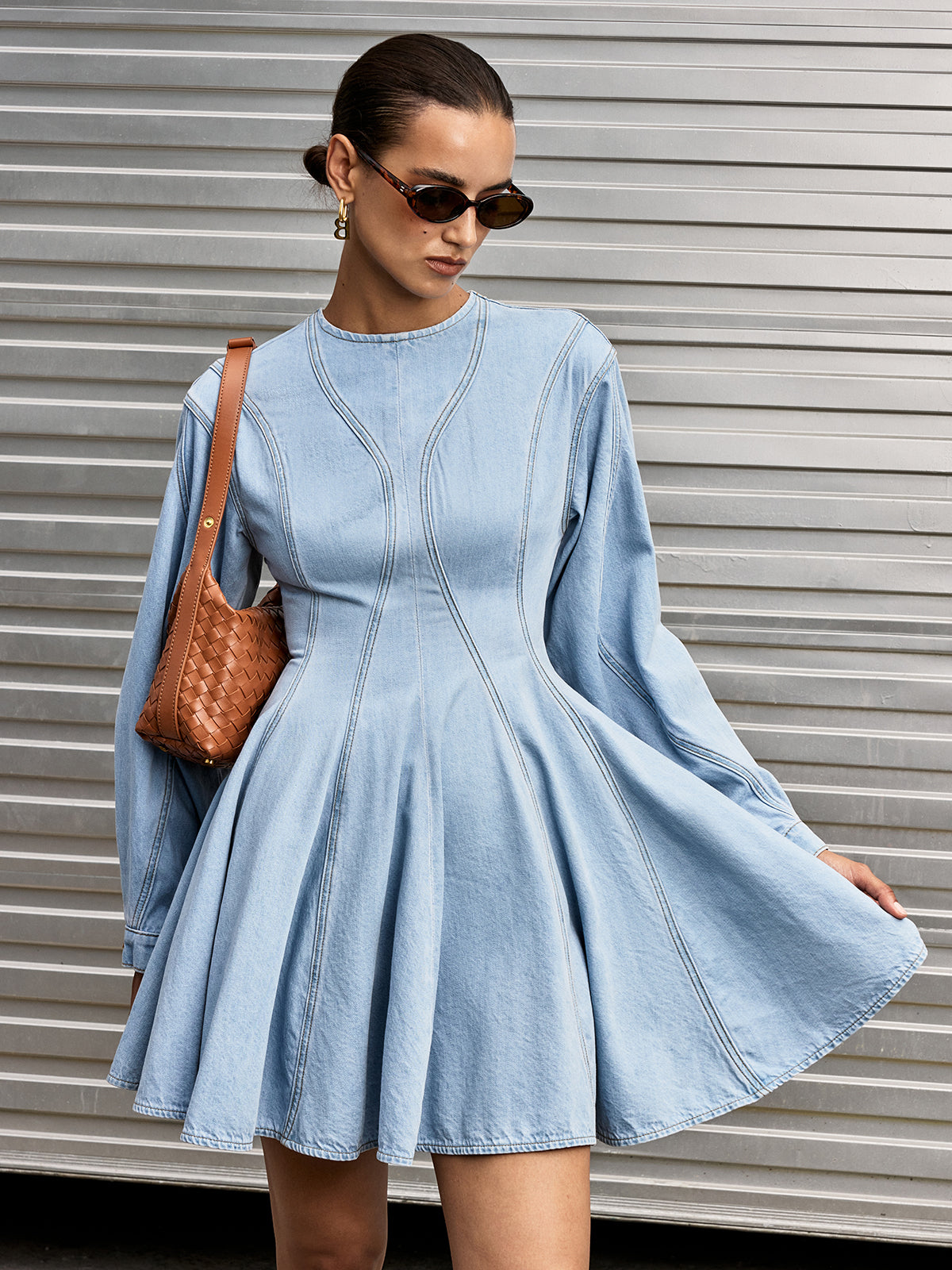 Denim Long Sleeve Flare Dress-Chicvia