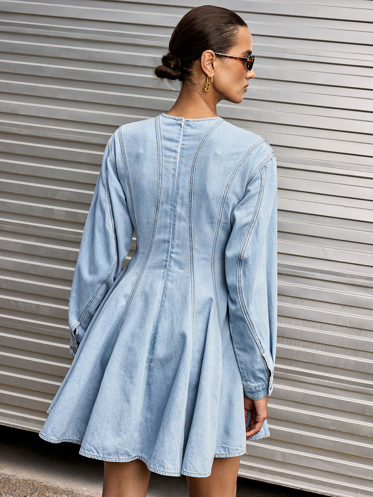 Denim Long Sleeve Flare Dress-Chicvia