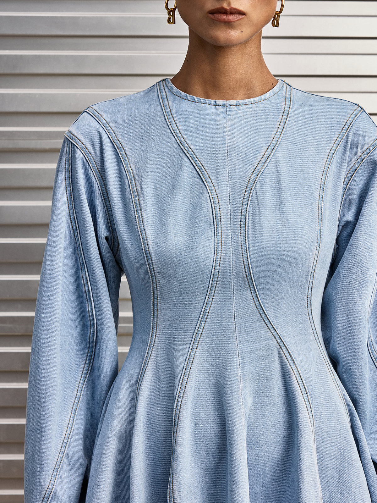 Denim Long Sleeve Flare Dress-Chicvia