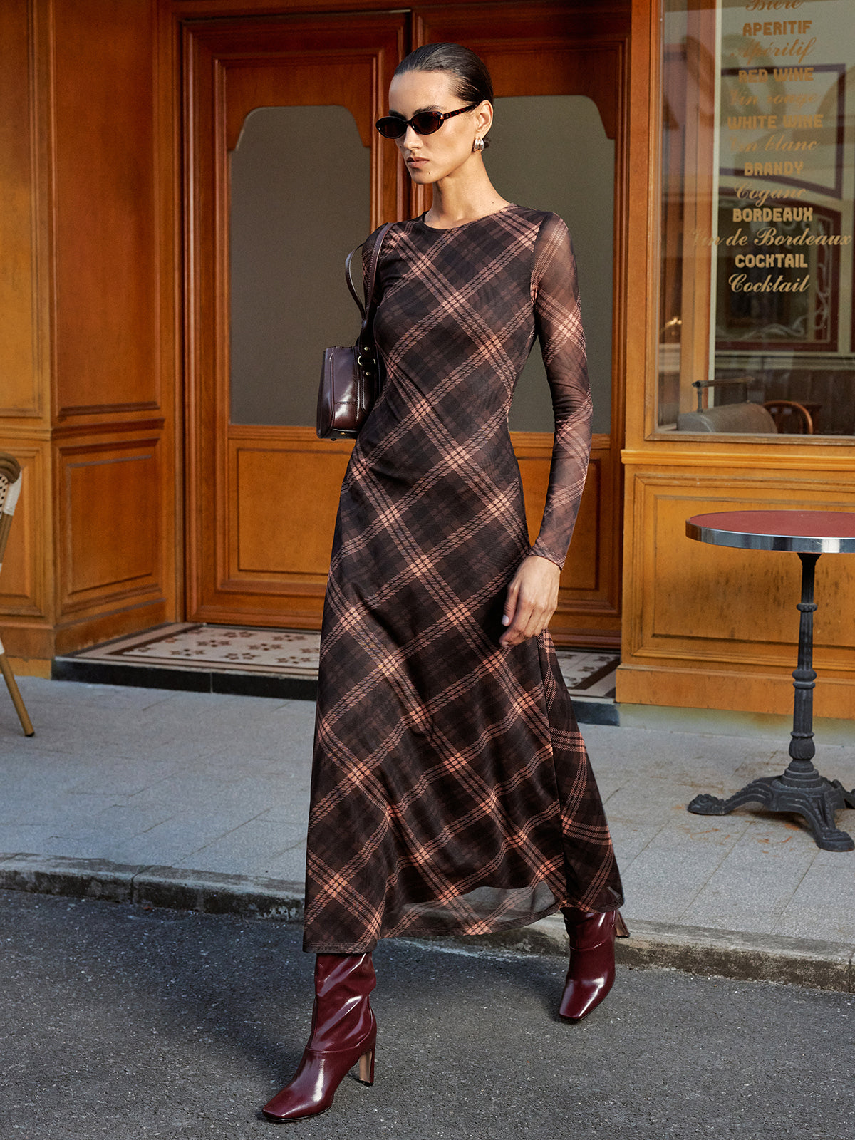 Plaid Mesh Long Sleeve Maxi Dress-Chicvia