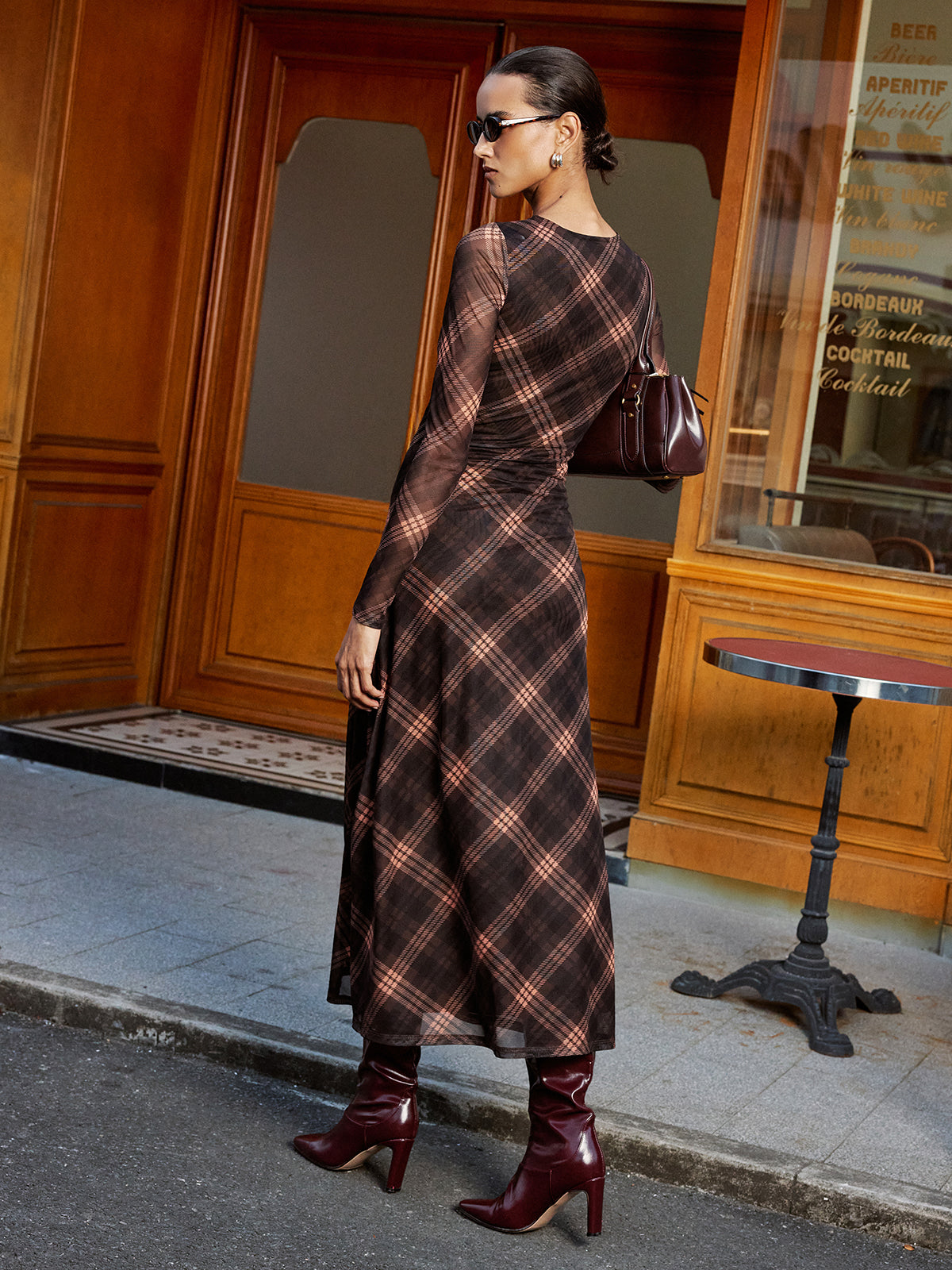 Plaid Mesh Long Sleeve Maxi Dress-Chicvia