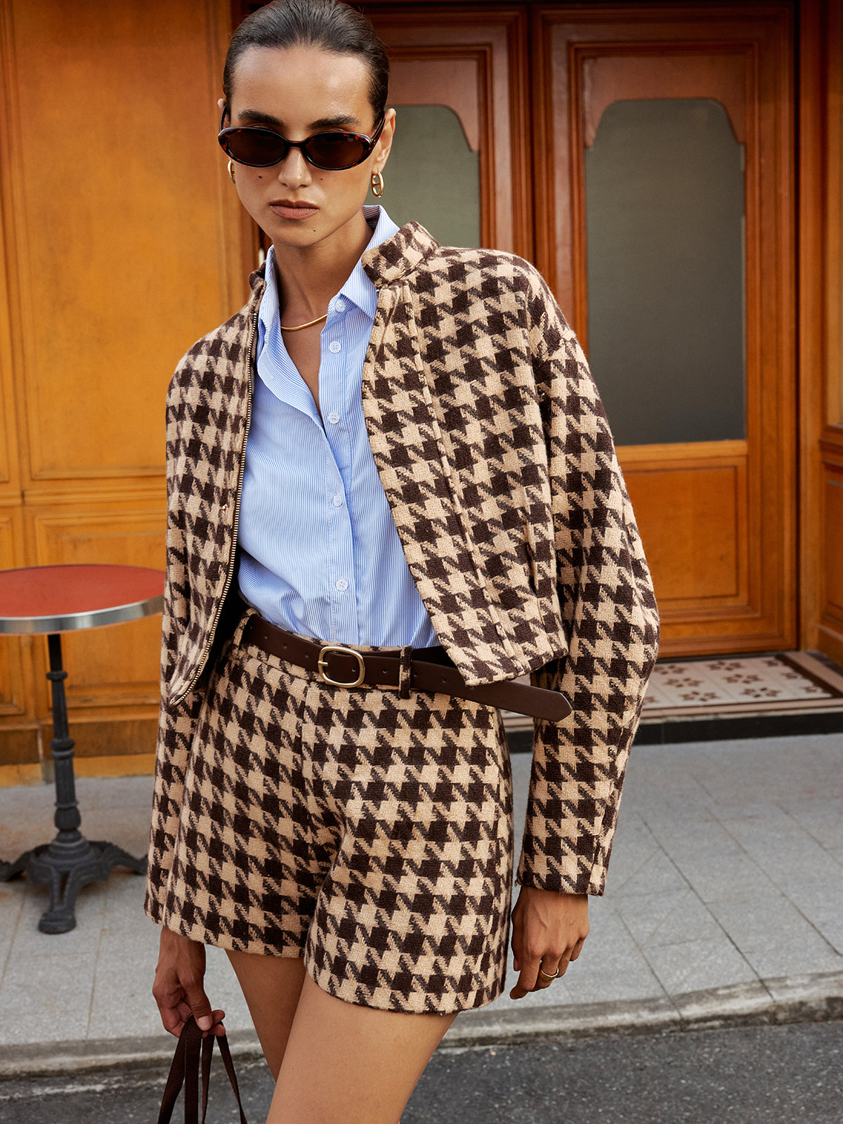 Houndstooth Stand-Collar Jacket-Chicvia