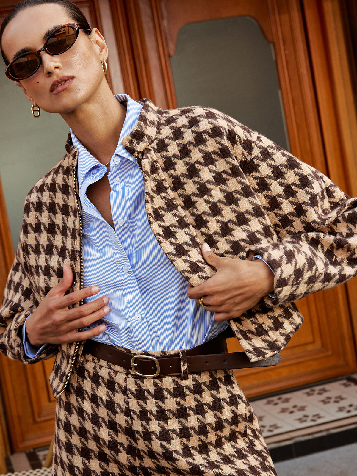Houndstooth Stand-Collar Jacket-Chicvia