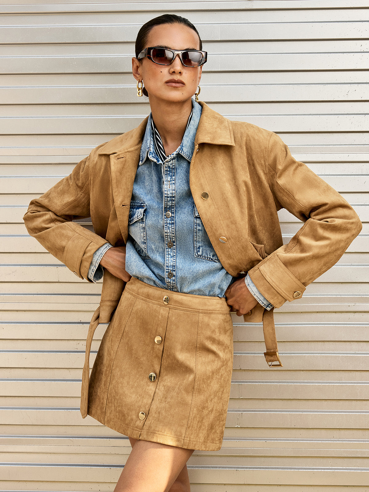 Decor Button Suede Effect Mini Skirt-Chicvia