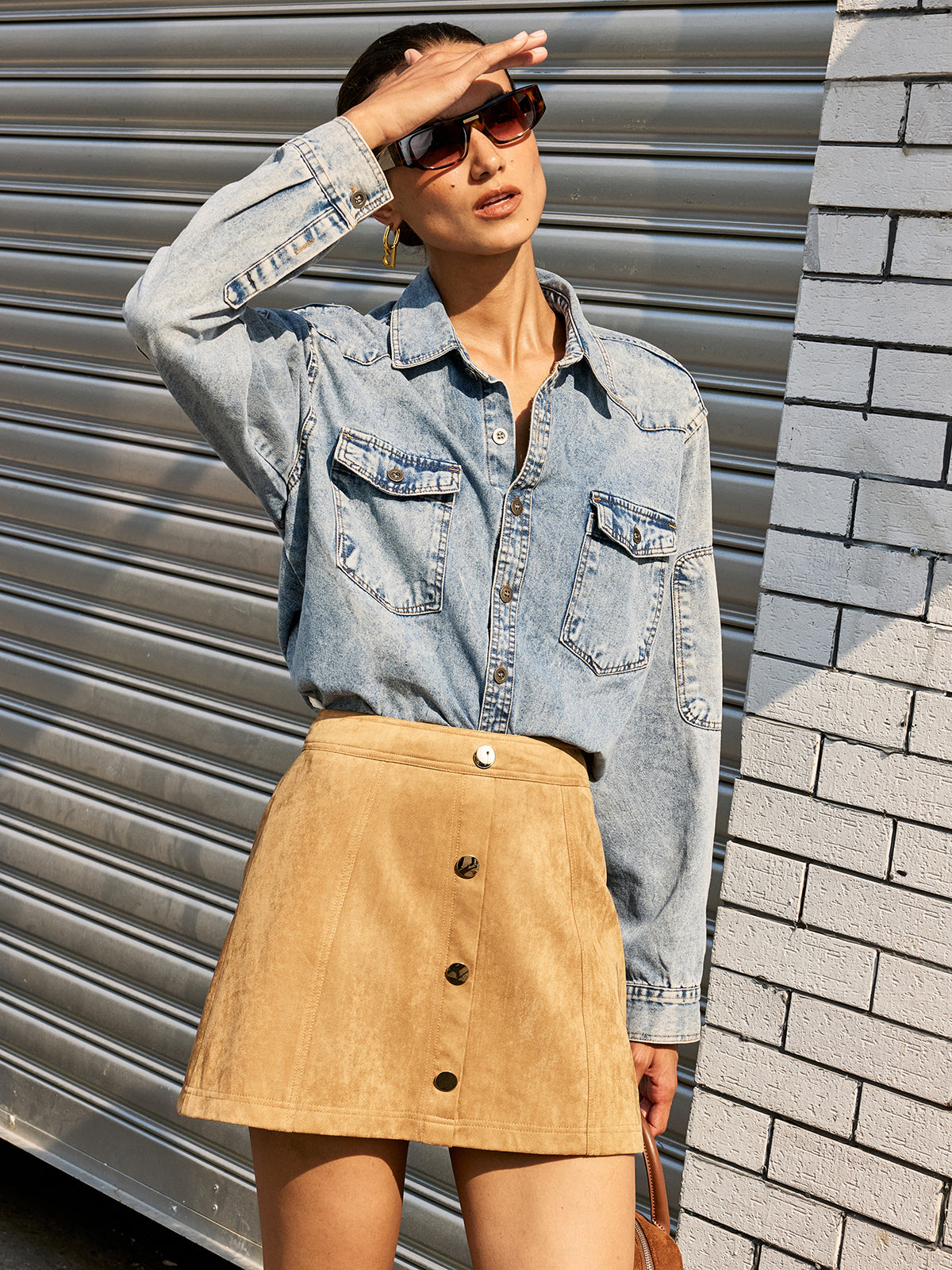 Decor Button Suede Effect Mini Skirt-Chicvia