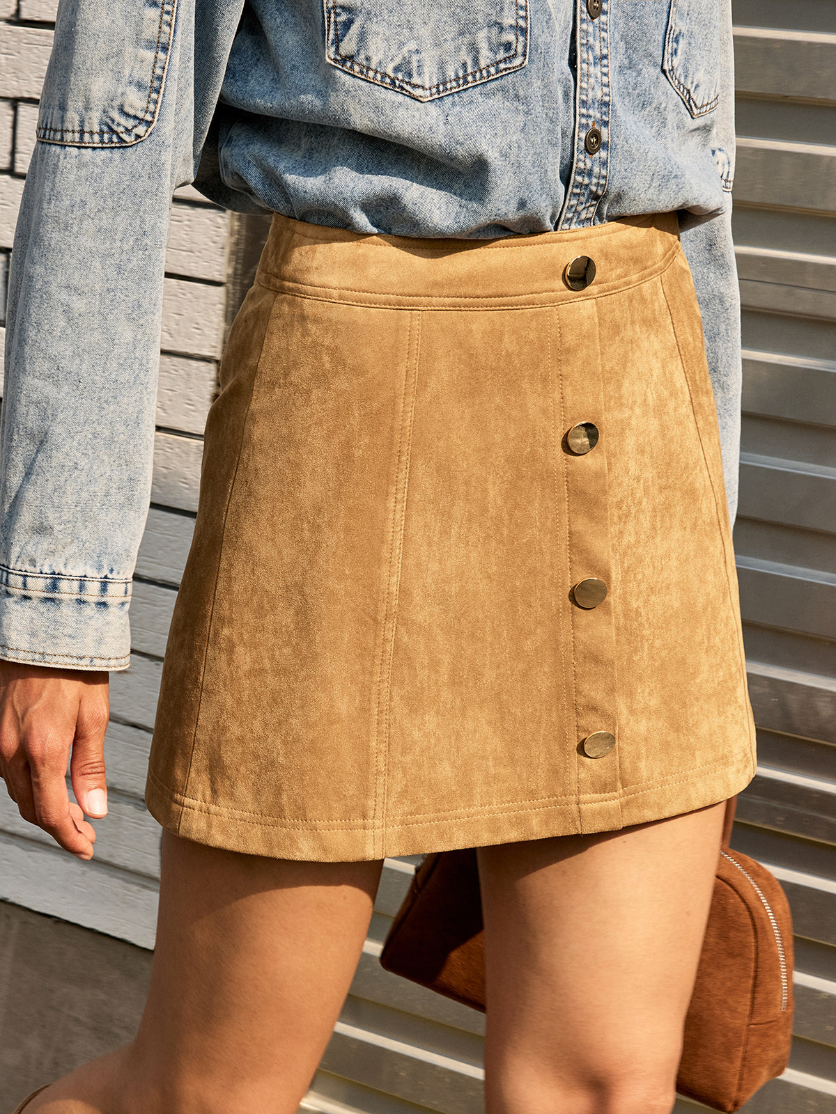 Decor Button Suede Effect Mini Skirt-Chicvia