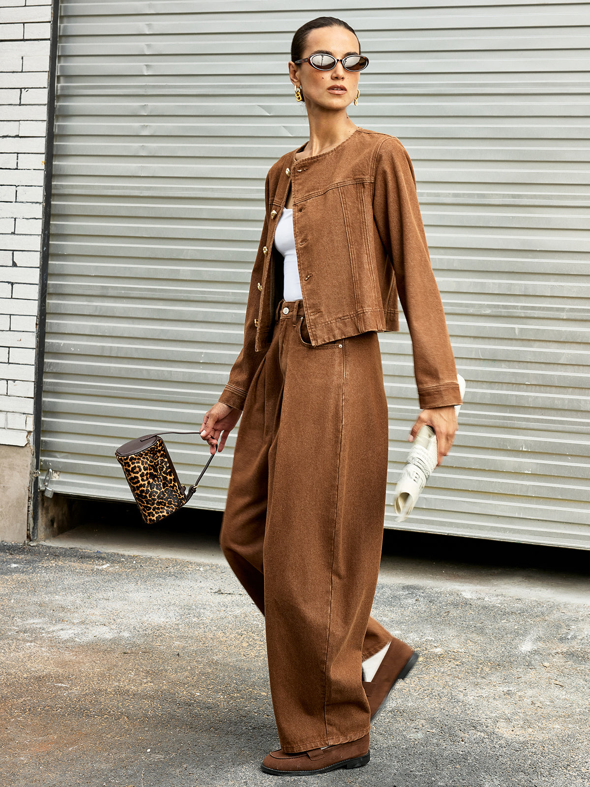 Mid-Waist Denim Wide-Leg Pants-Chicvia