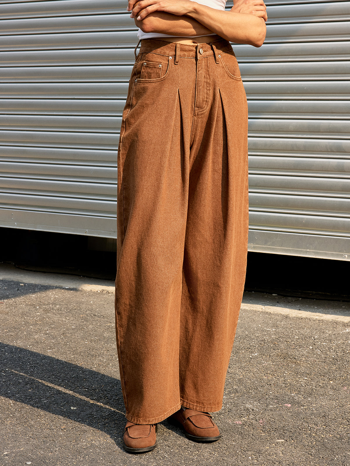 Mid-Waist Denim Wide-Leg Pants-Chicvia
