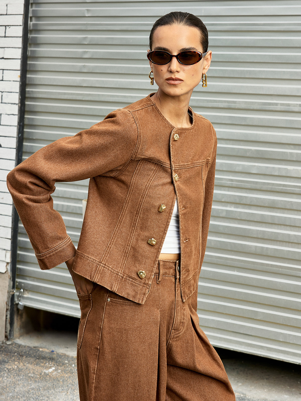 Metal Button Asymmetric Denim Jacket-Chicvia