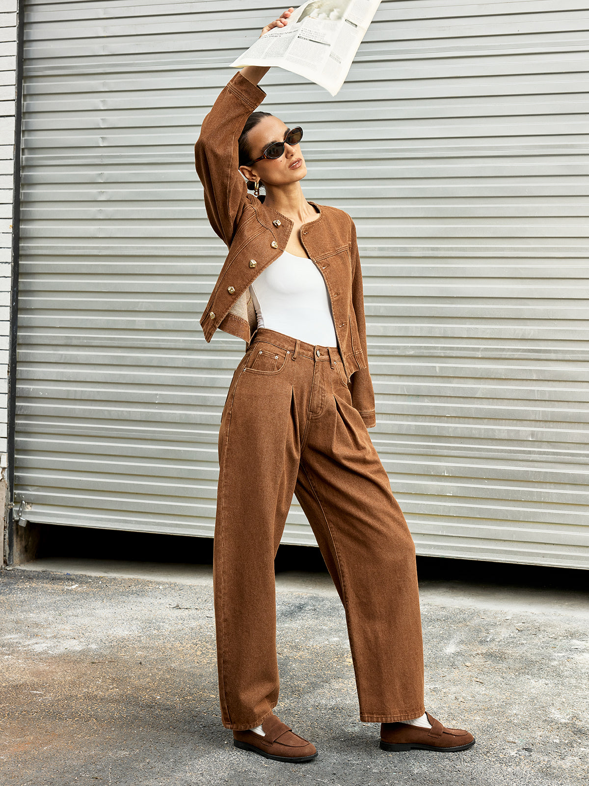 Metal Button Asymmetric Denim Jacket-Chicvia