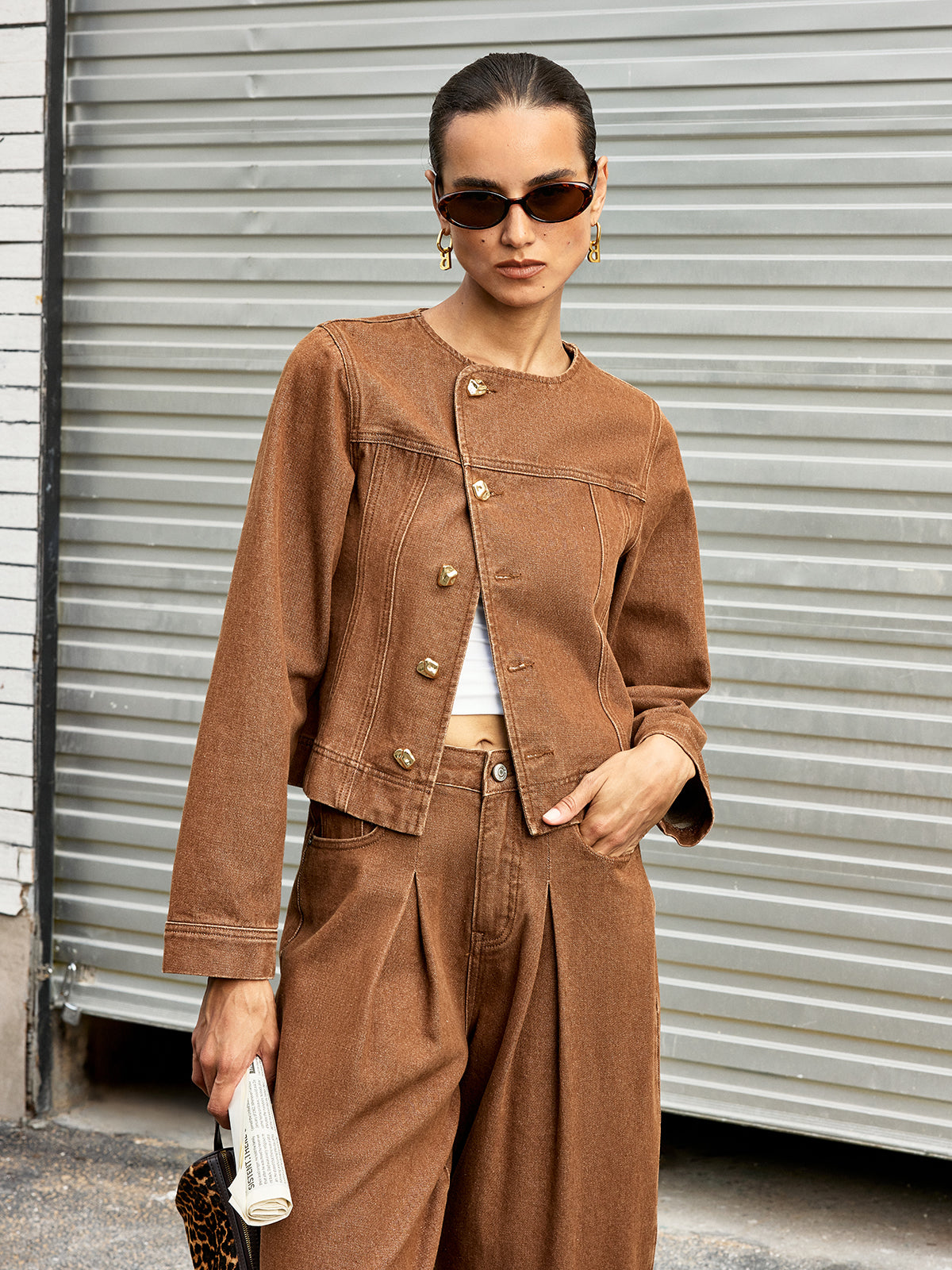 Metal Button Asymmetric Denim Jacket-Chicvia