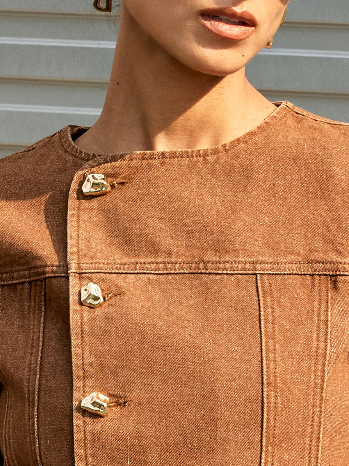 Metal Button Asymmetric Denim Jacket-Chicvia