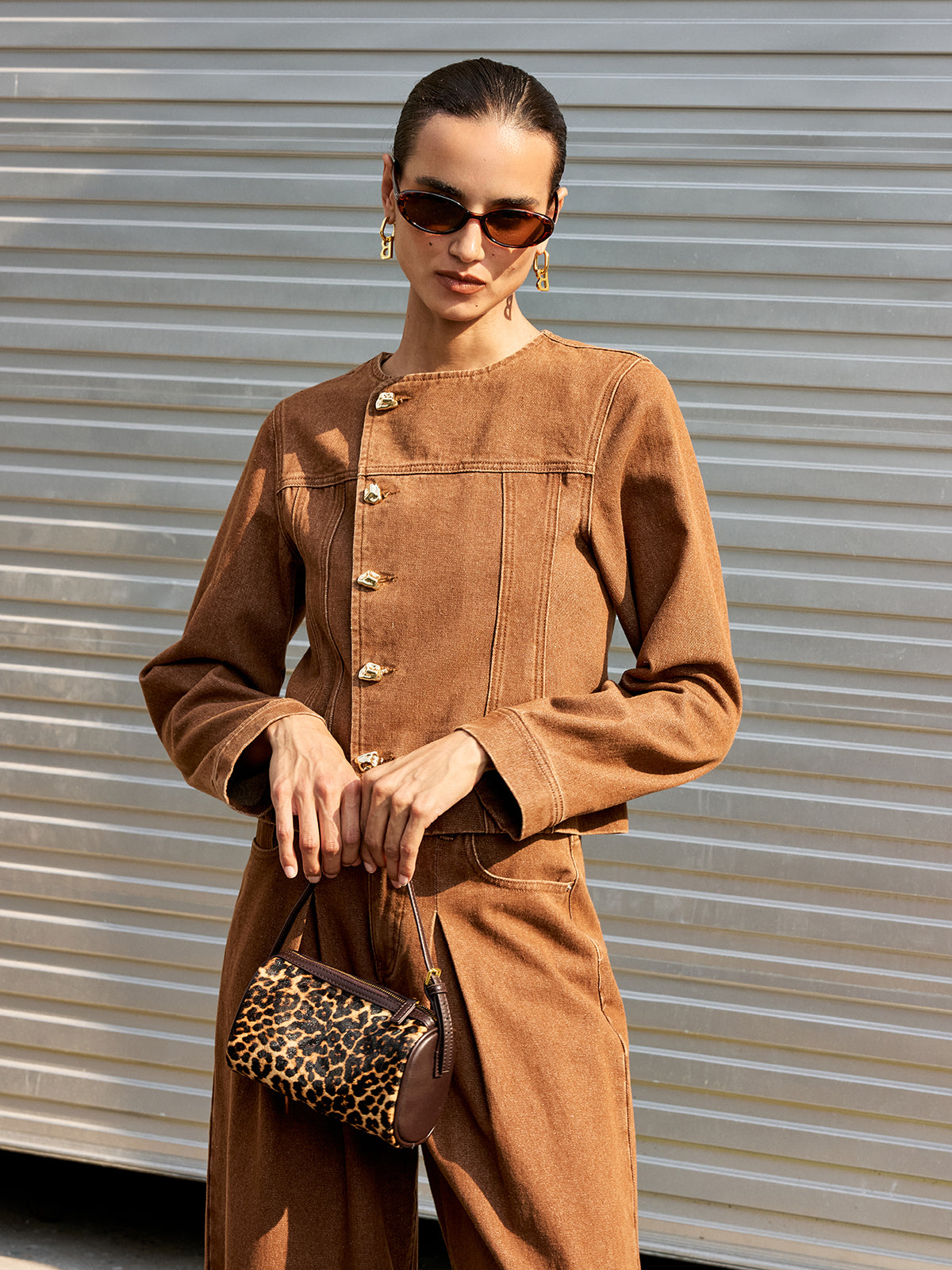 Metal Button Asymmetric Denim Jacket-Chicvia