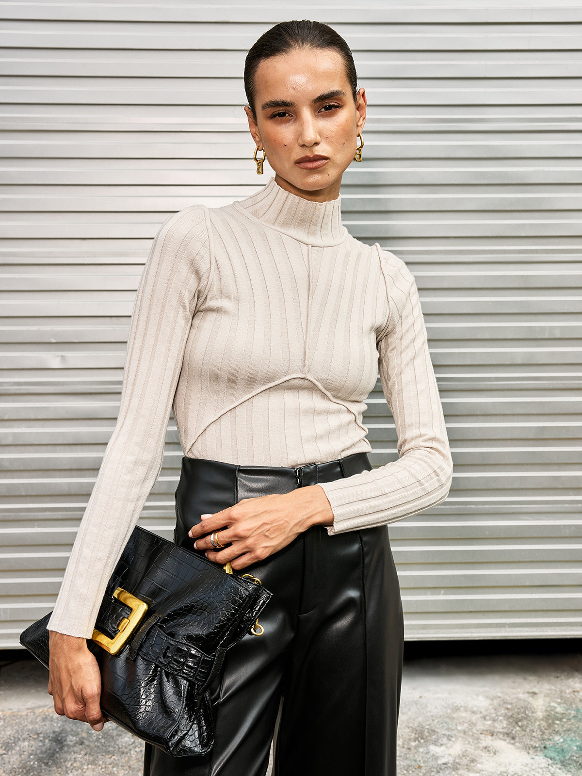 Mock Neck Seamed Sweater-Chicvia