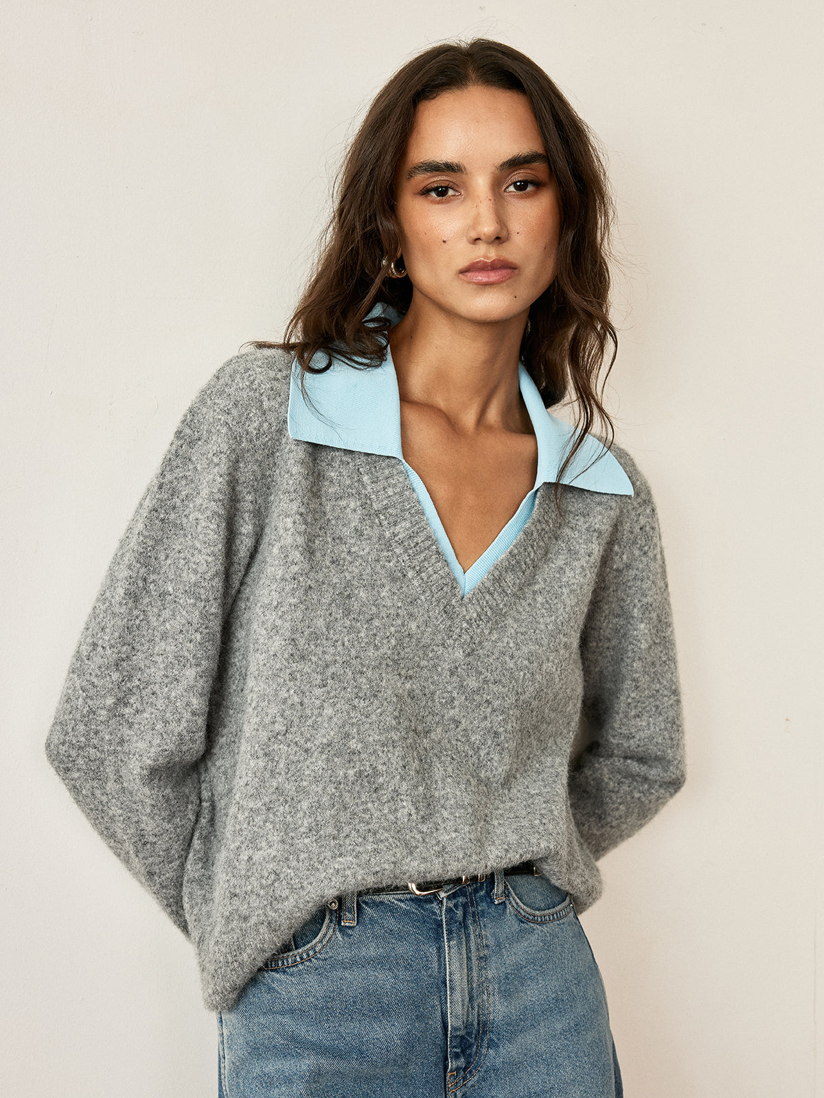 Contrast Collar Wool Blend Sweater-Chicvia