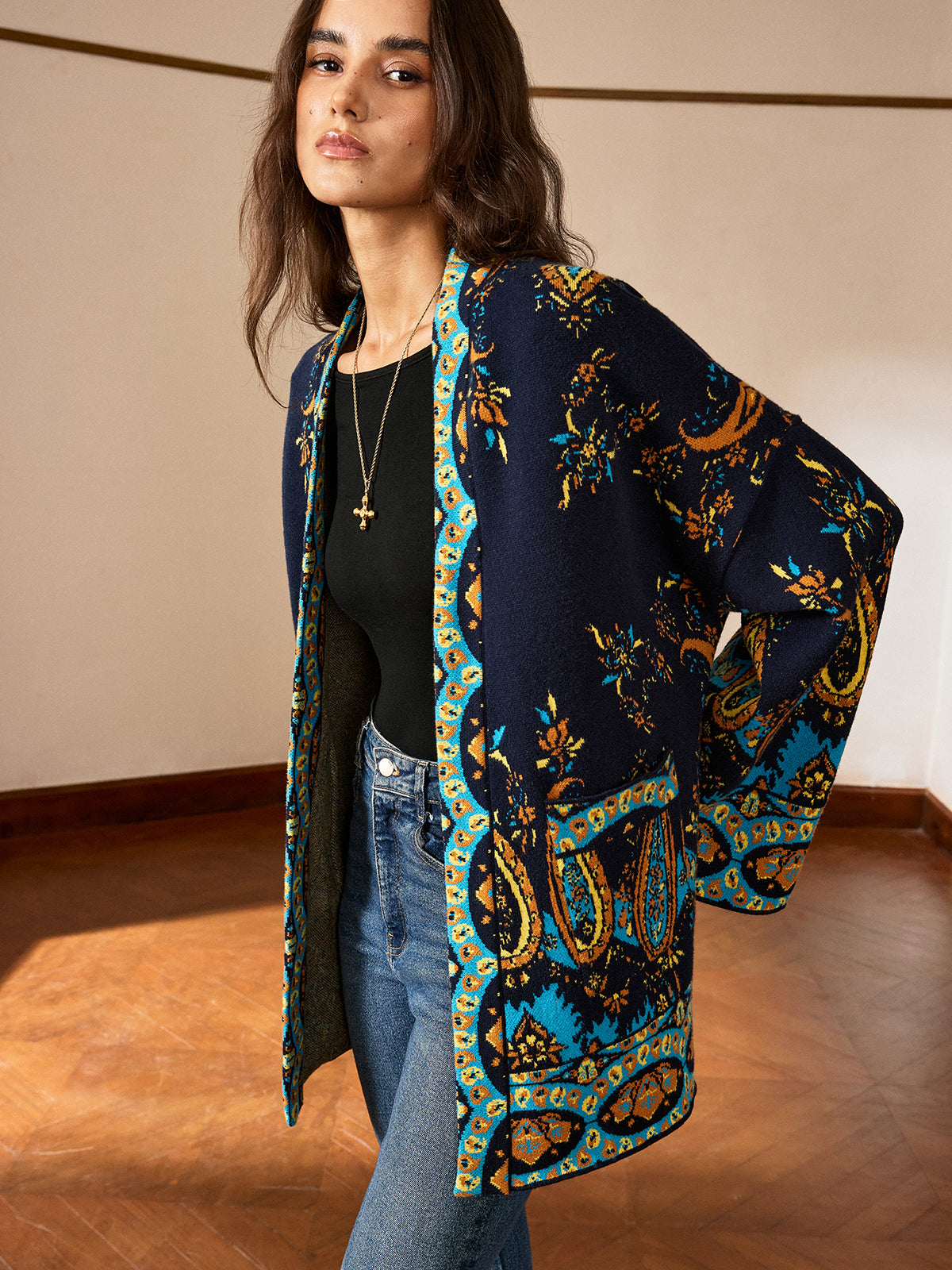 Paisley Print Belted Cardigan-Chicvia