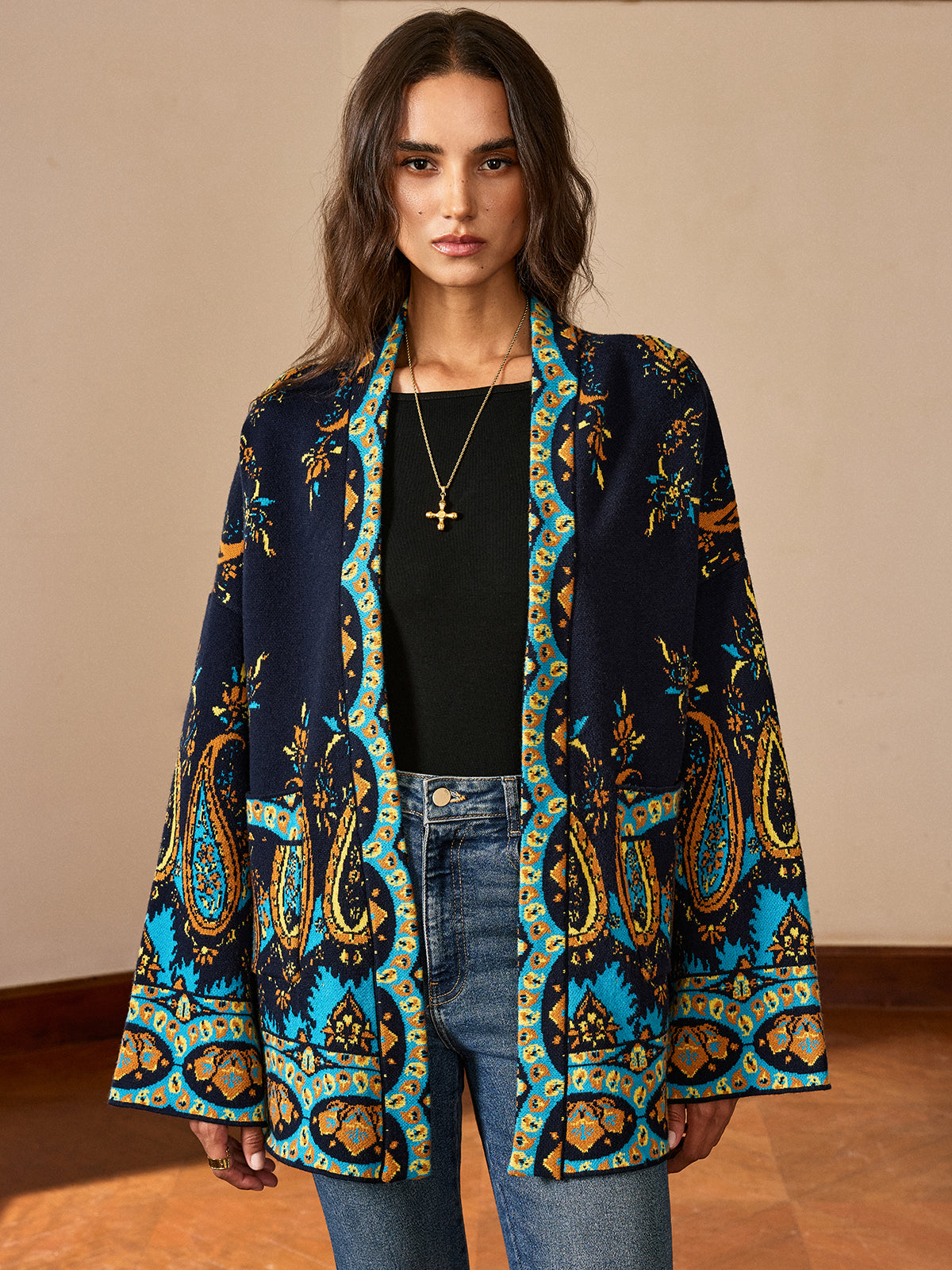 Paisley Print Belted Cardigan-Chicvia