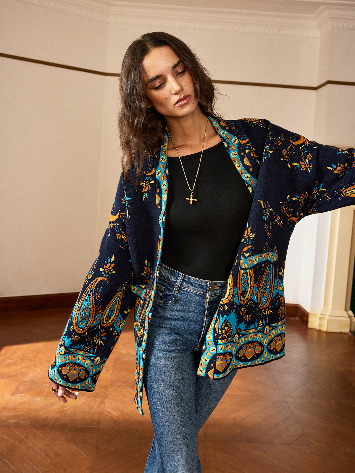 Paisley Print Belted Cardigan-Chicvia