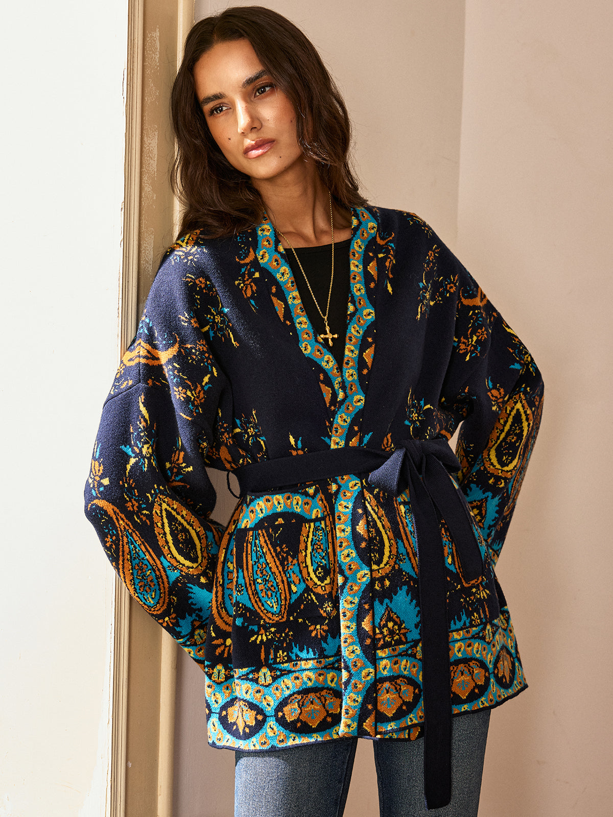 Paisley Print Belted Cardigan-Chicvia