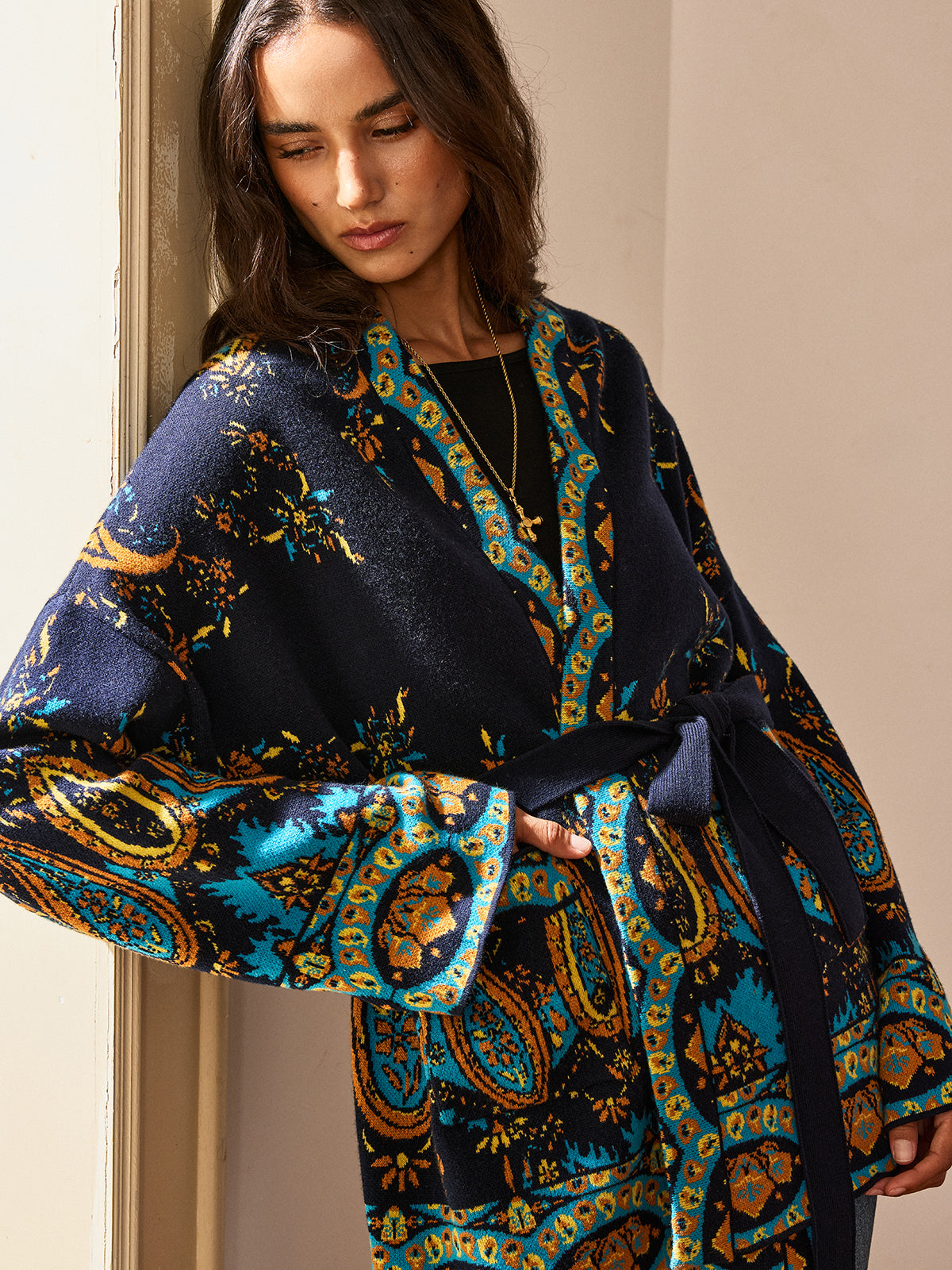 Paisley Print Belted Cardigan-Chicvia