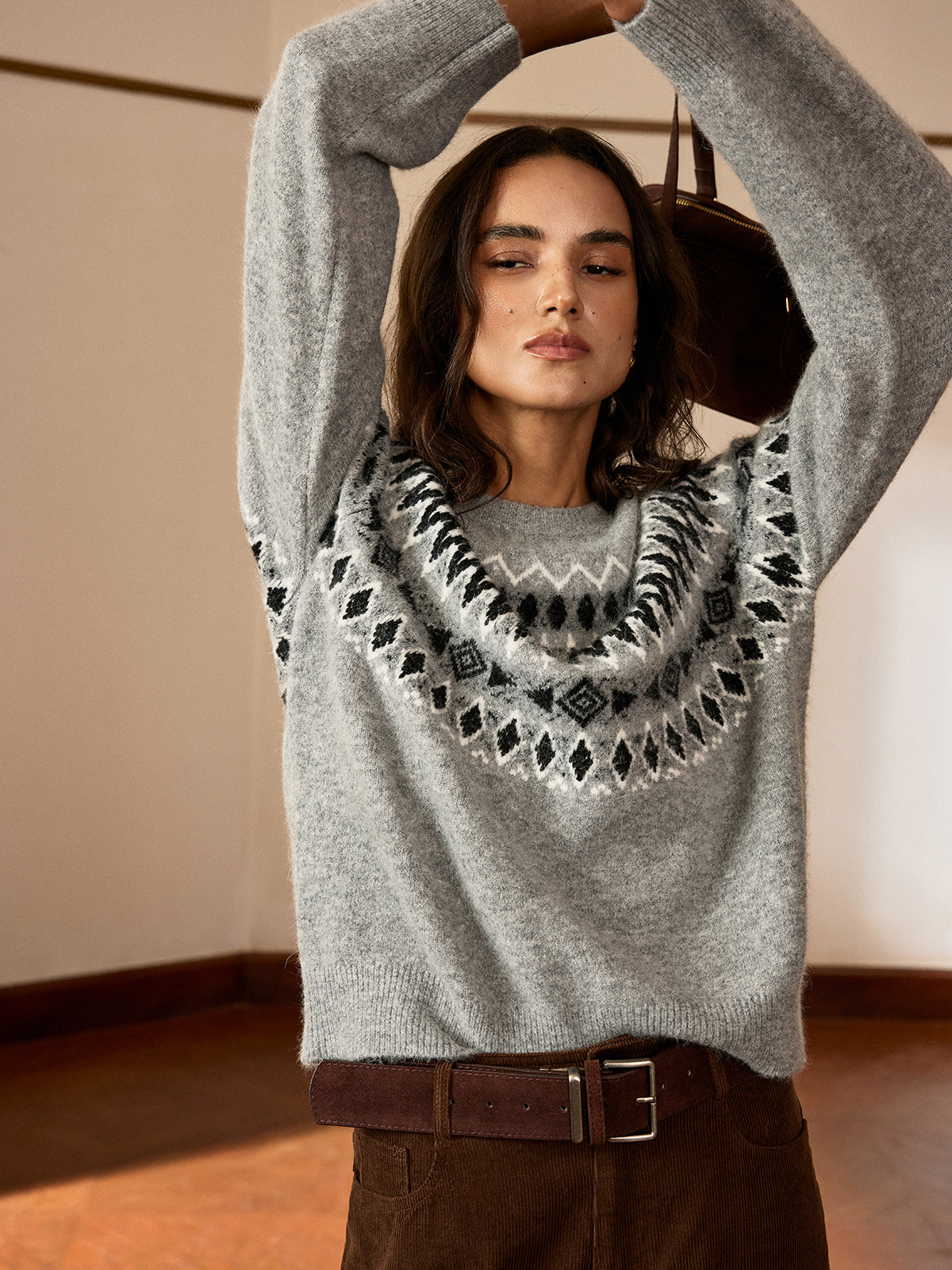 Fair Isle Pattern Crew Neck Knit Sweater-Chicvia