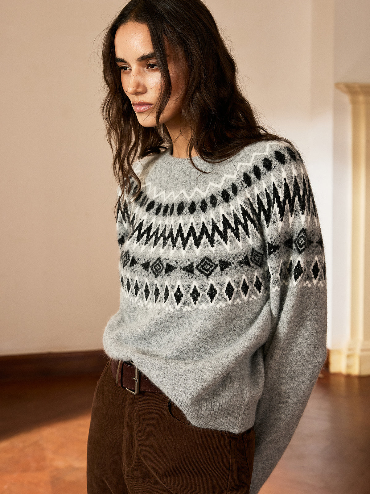 Fair Isle Pattern Crew Neck Knit Sweater-Chicvia