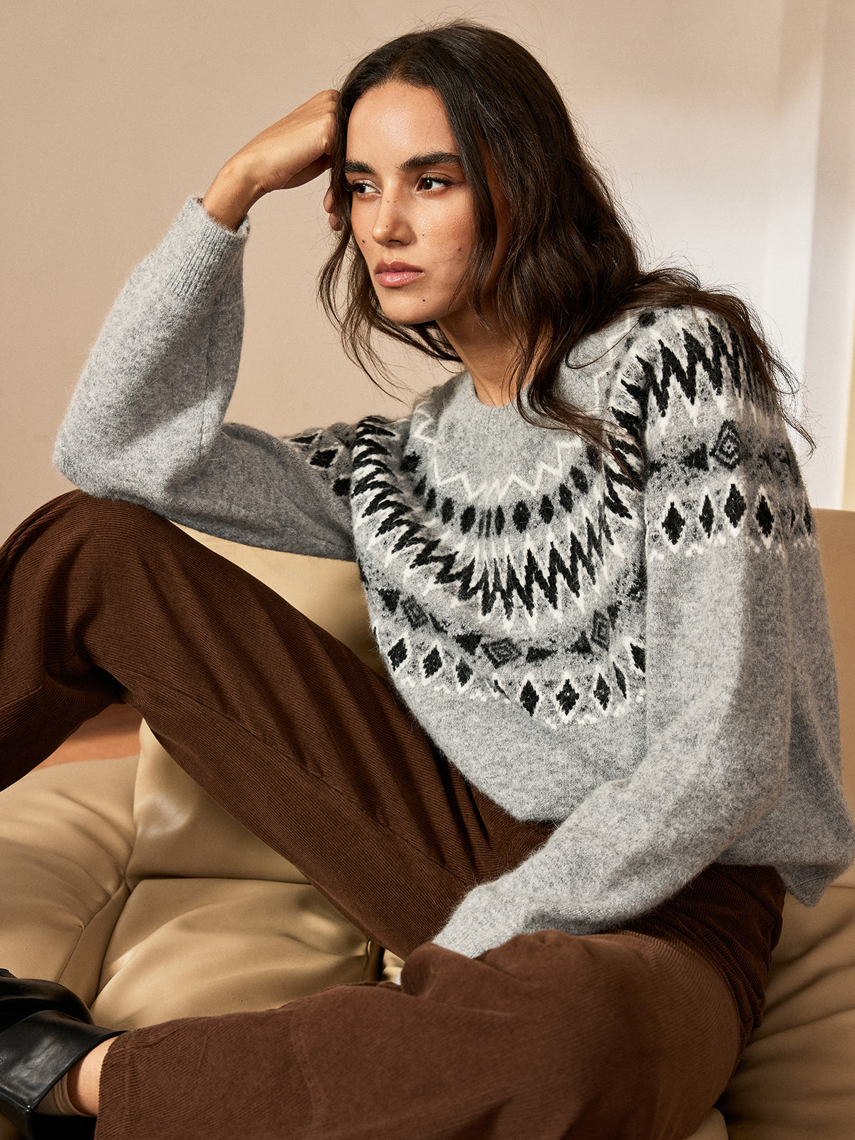 Fair Isle Pattern Crew Neck Knit Sweater-Chicvia