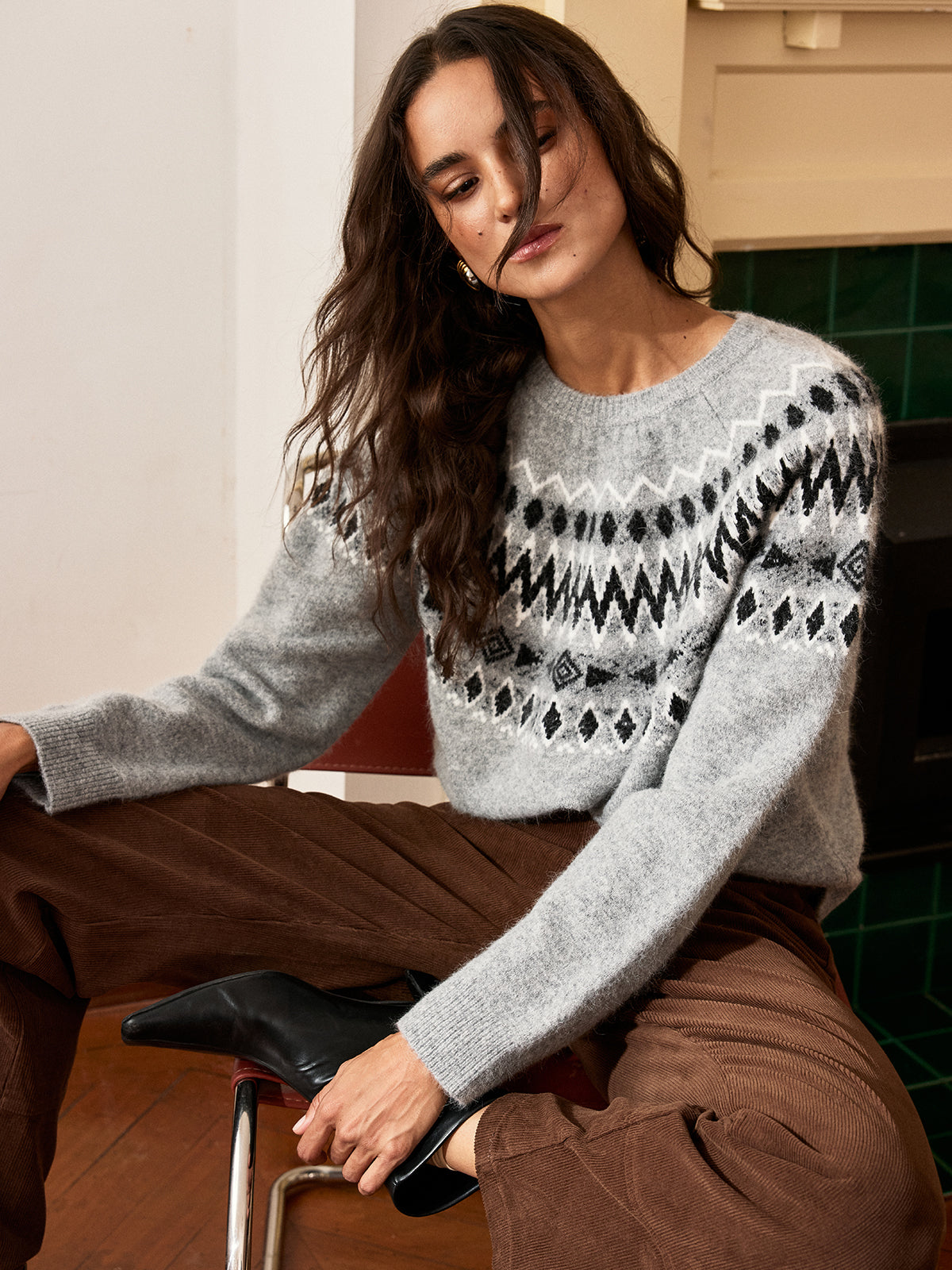 Fair Isle Pattern Crew Neck Knit Sweater-Chicvia