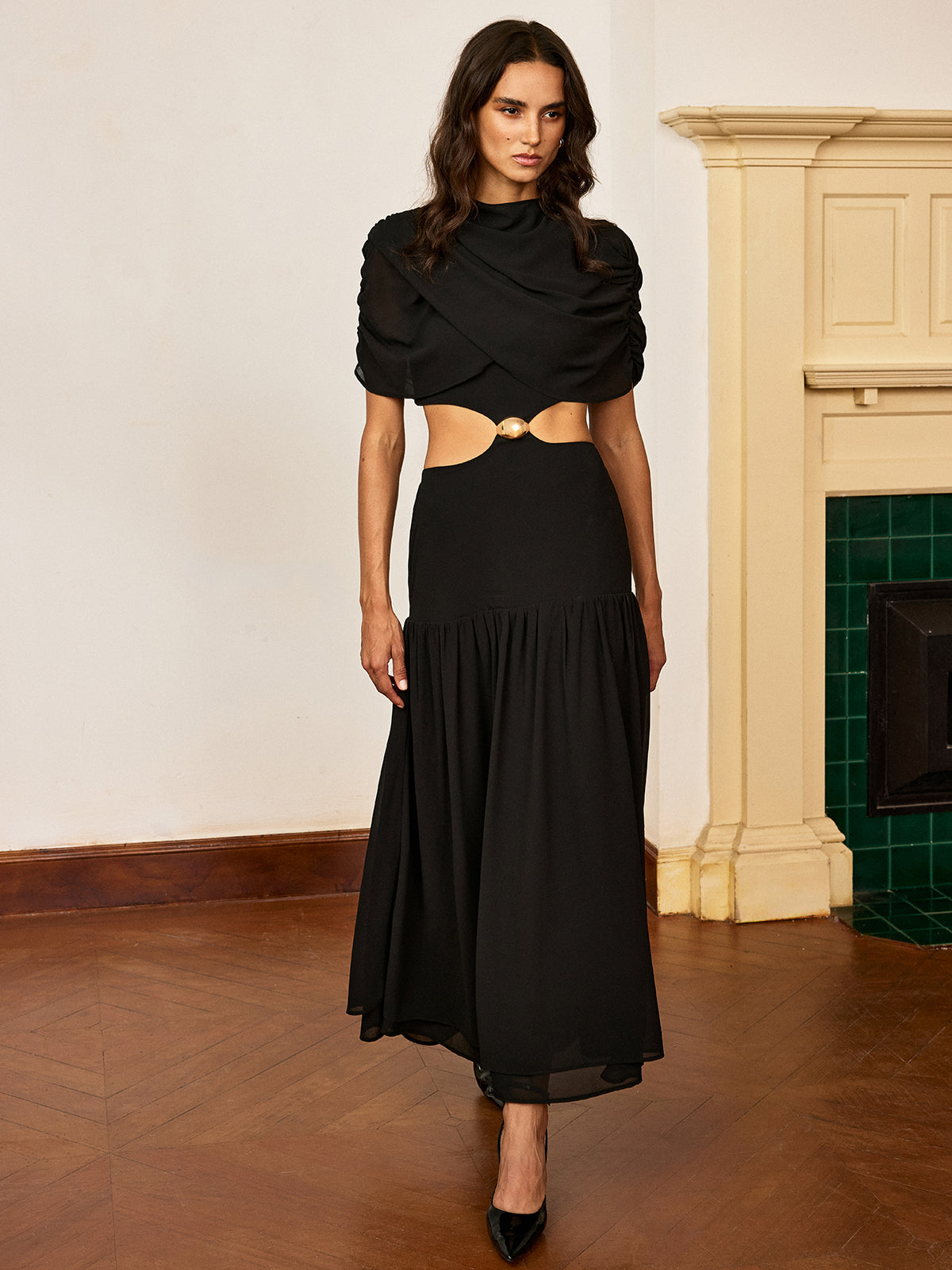 Metal Detail Cut-Out Chiffon Maxi Dress-Chicvia