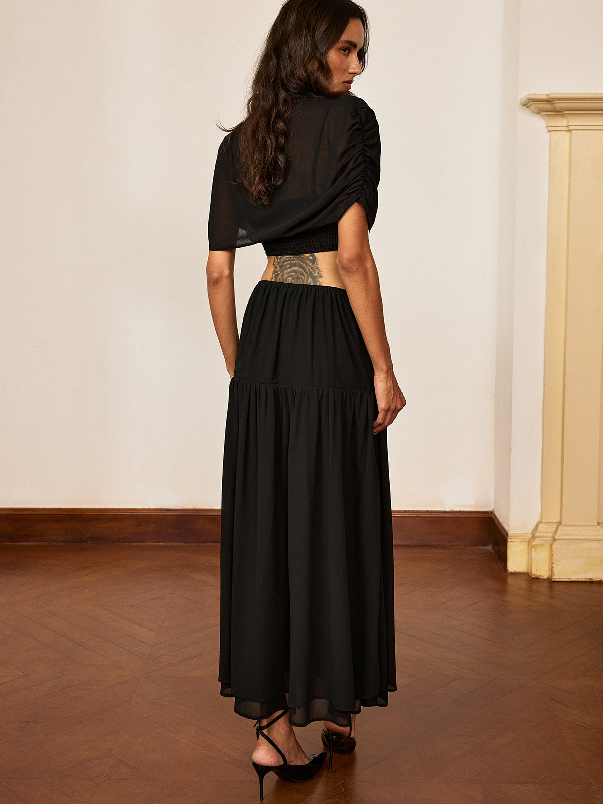 Metal Detail Cut-Out Chiffon Maxi Dress-Chicvia