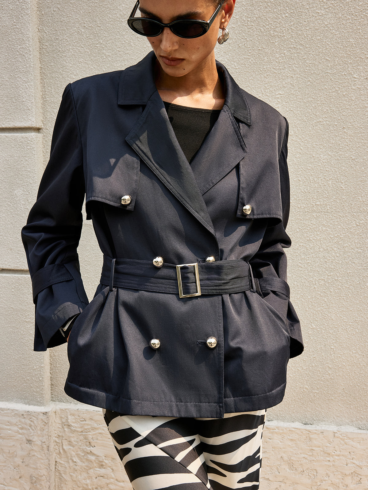 Double-Breasted Belted Trench Coat-Chicvia