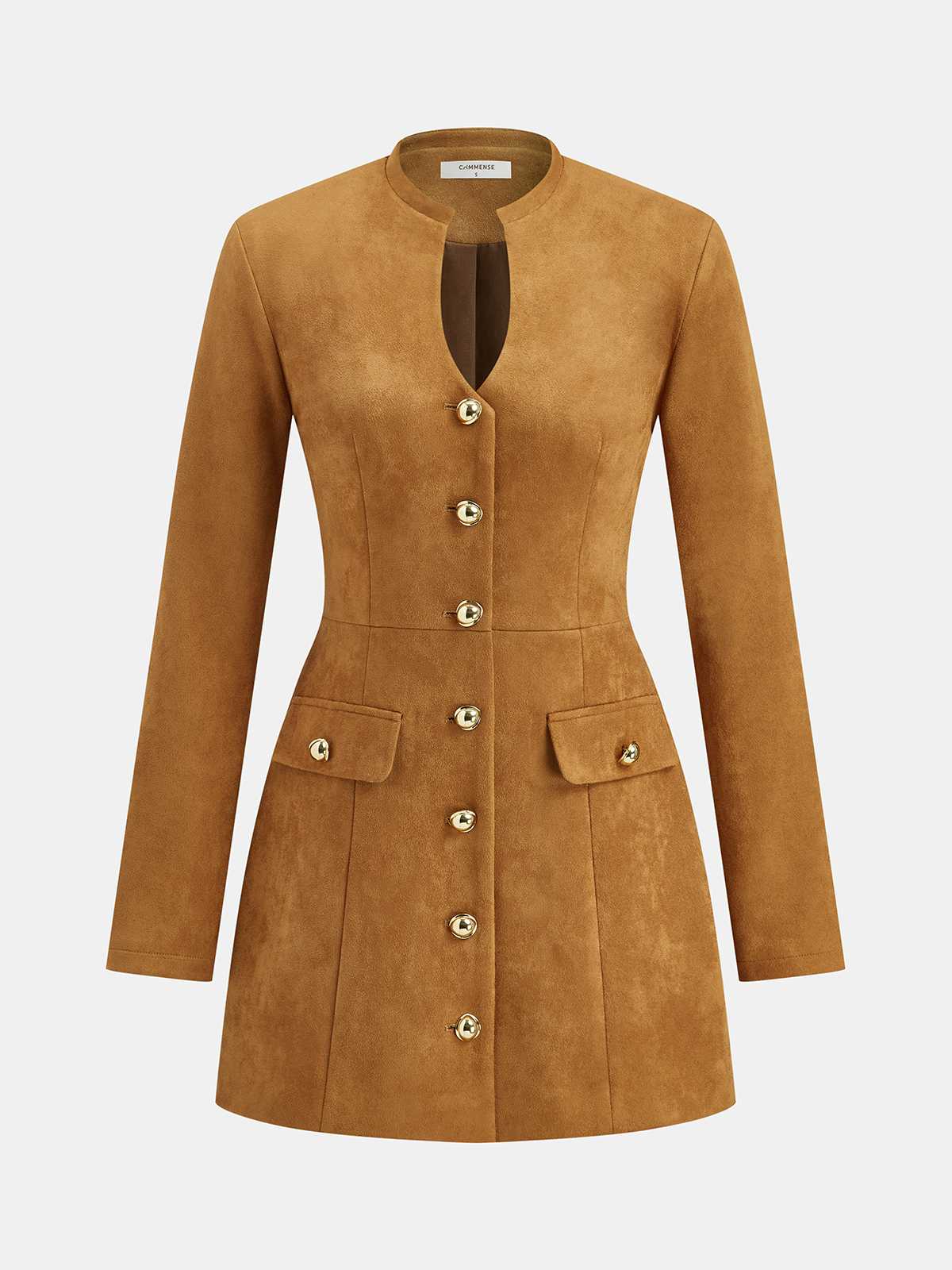 Metal Button Suede Effect Keyhole-Neck Mini Dress-Chicvia