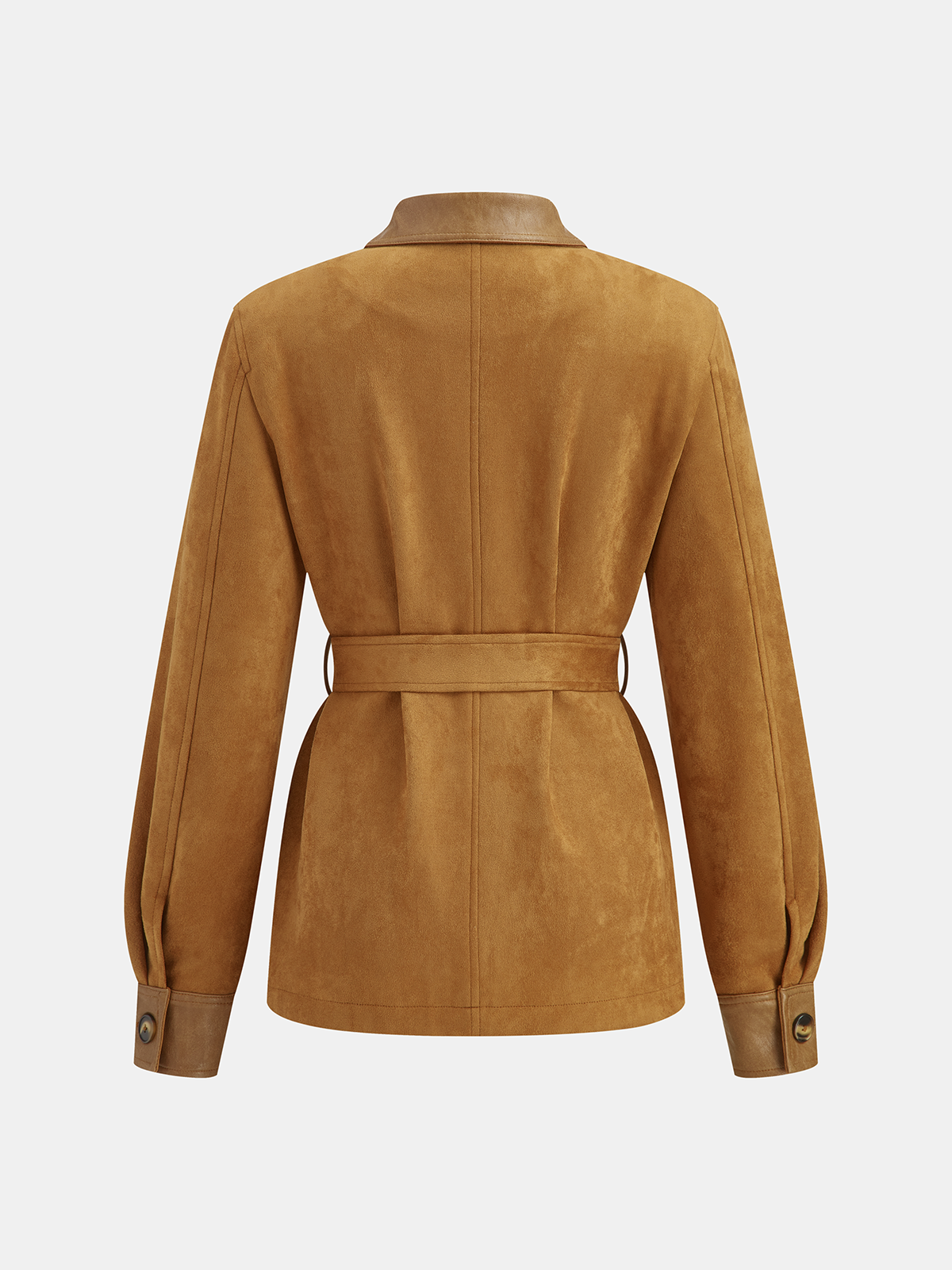 Faux Leather Panel Belted Suede Effect Jacket-Chicvia