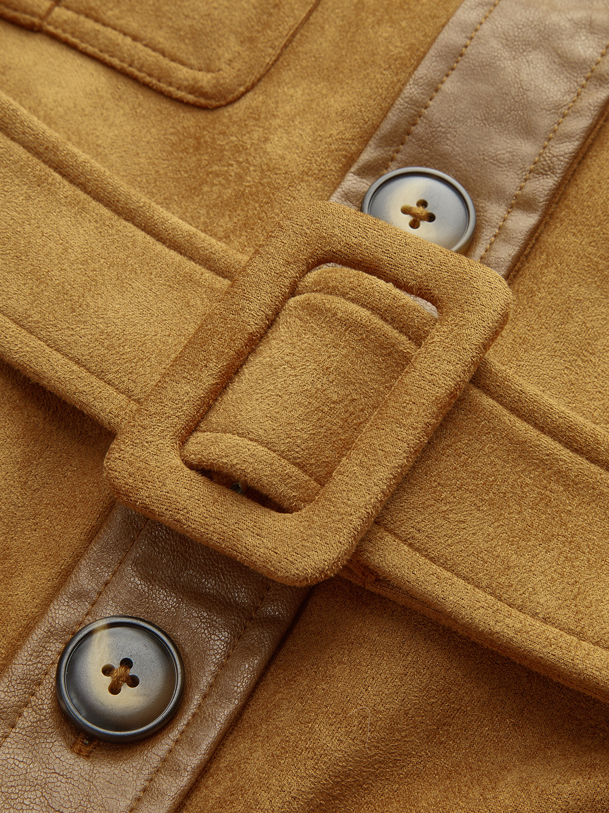 Faux Leather Panel Belted Suede Effect Jacket-Chicvia