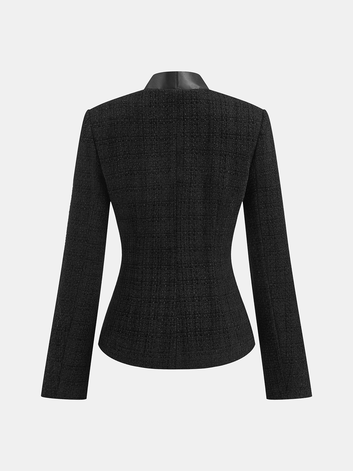 Faux Leather Trim Metal Button Tweed Blazer-Chicvia