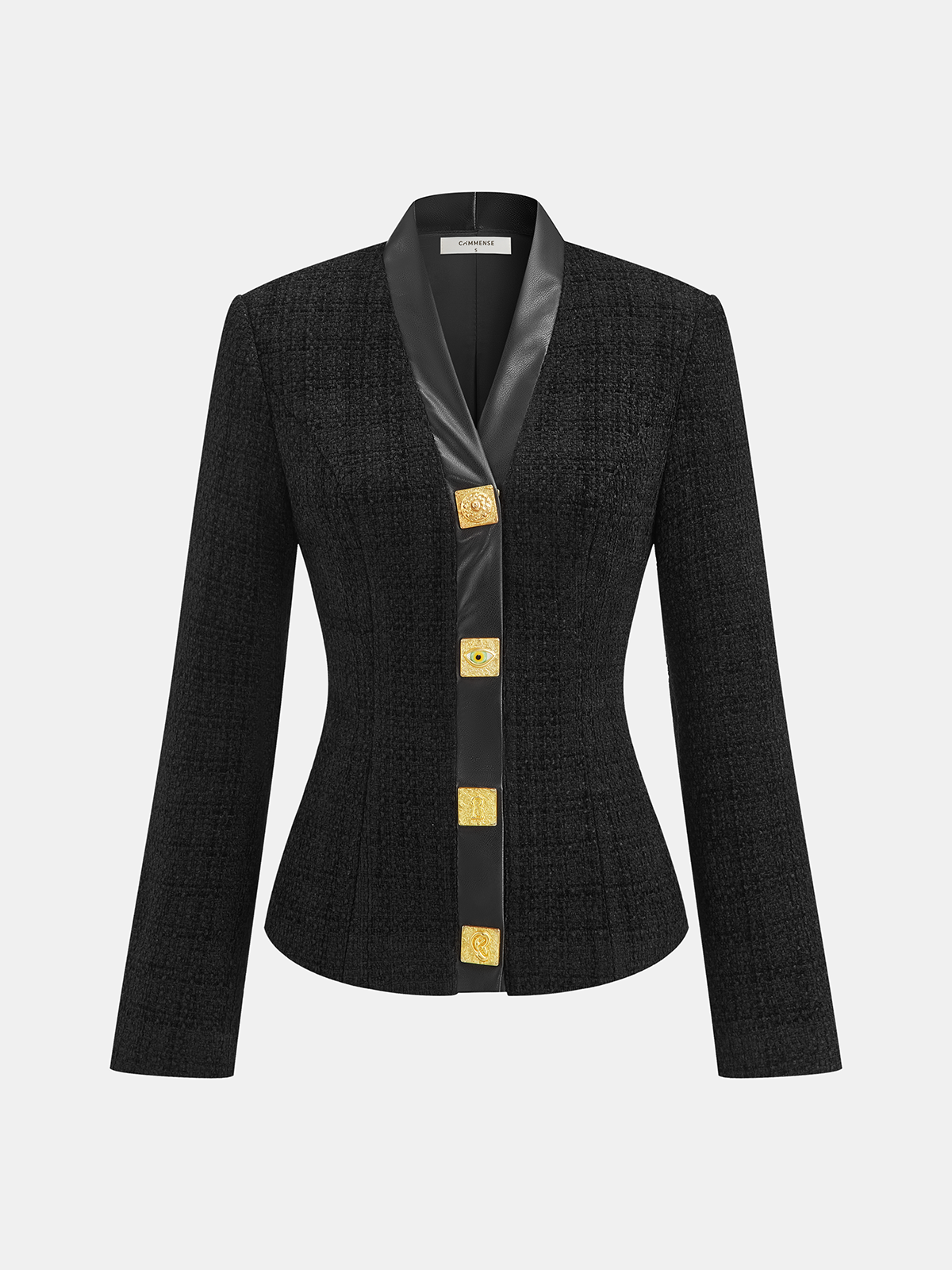 Faux Leather Trim Metal Button Tweed Blazer-Chicvia