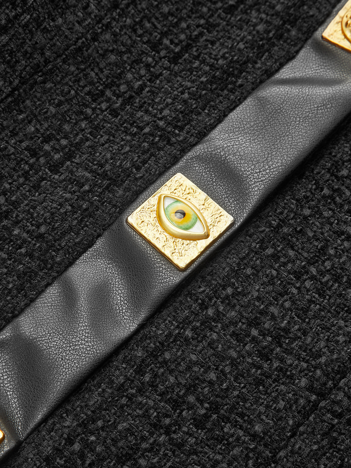 Faux Leather Trim Metal Button Tweed Blazer-Chicvia