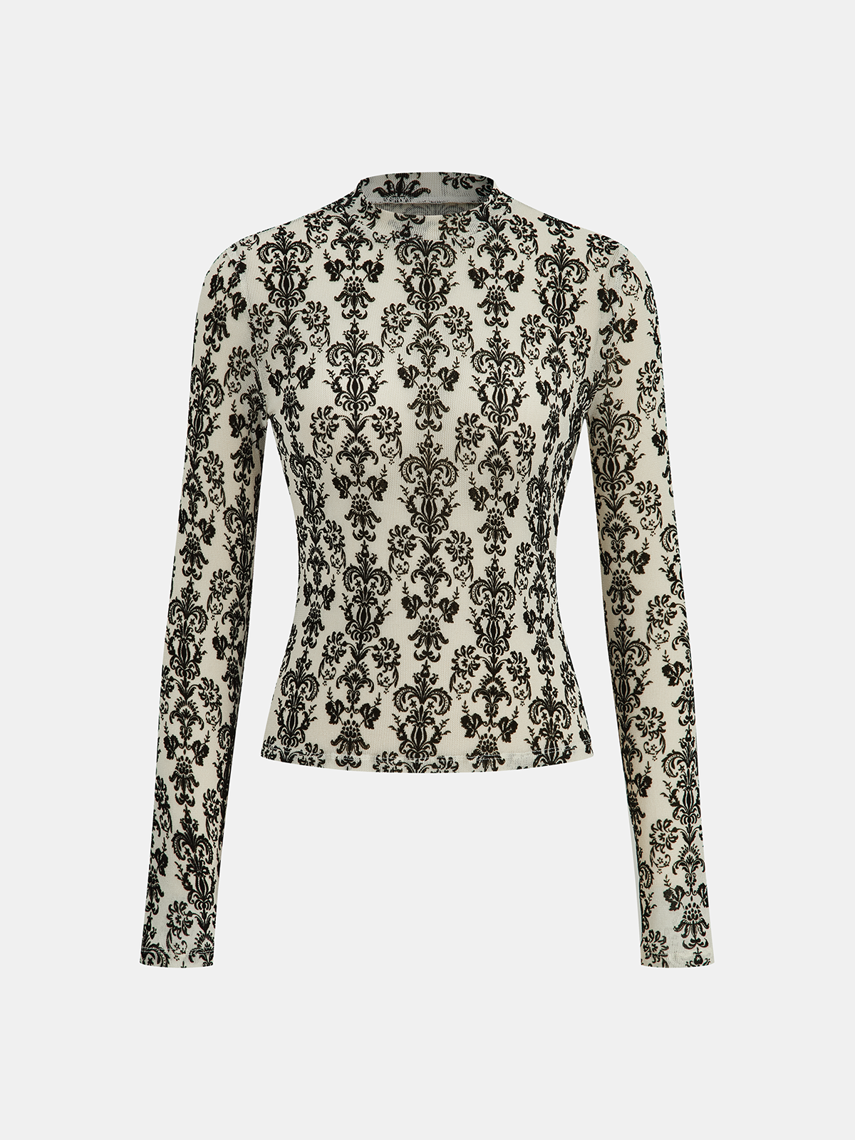 Damask Print Mock Neck T-Shirt-Chicvia