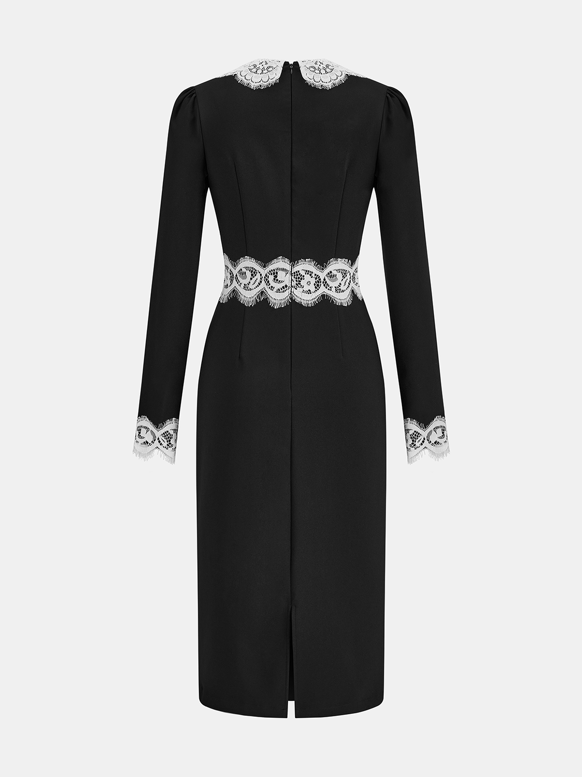 Lace Paneled Collared Long Sleeve Midi Dress-Chicvia