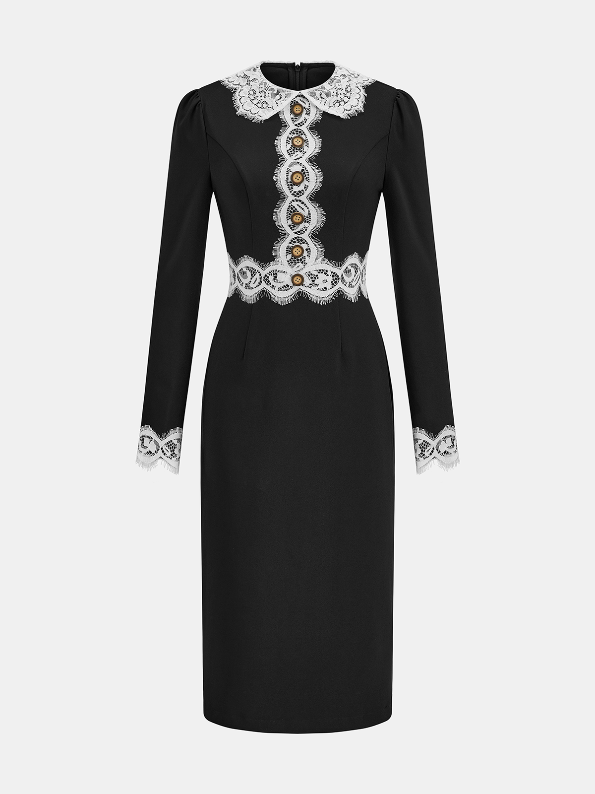 Lace Paneled Collared Long Sleeve Midi Dress-Chicvia