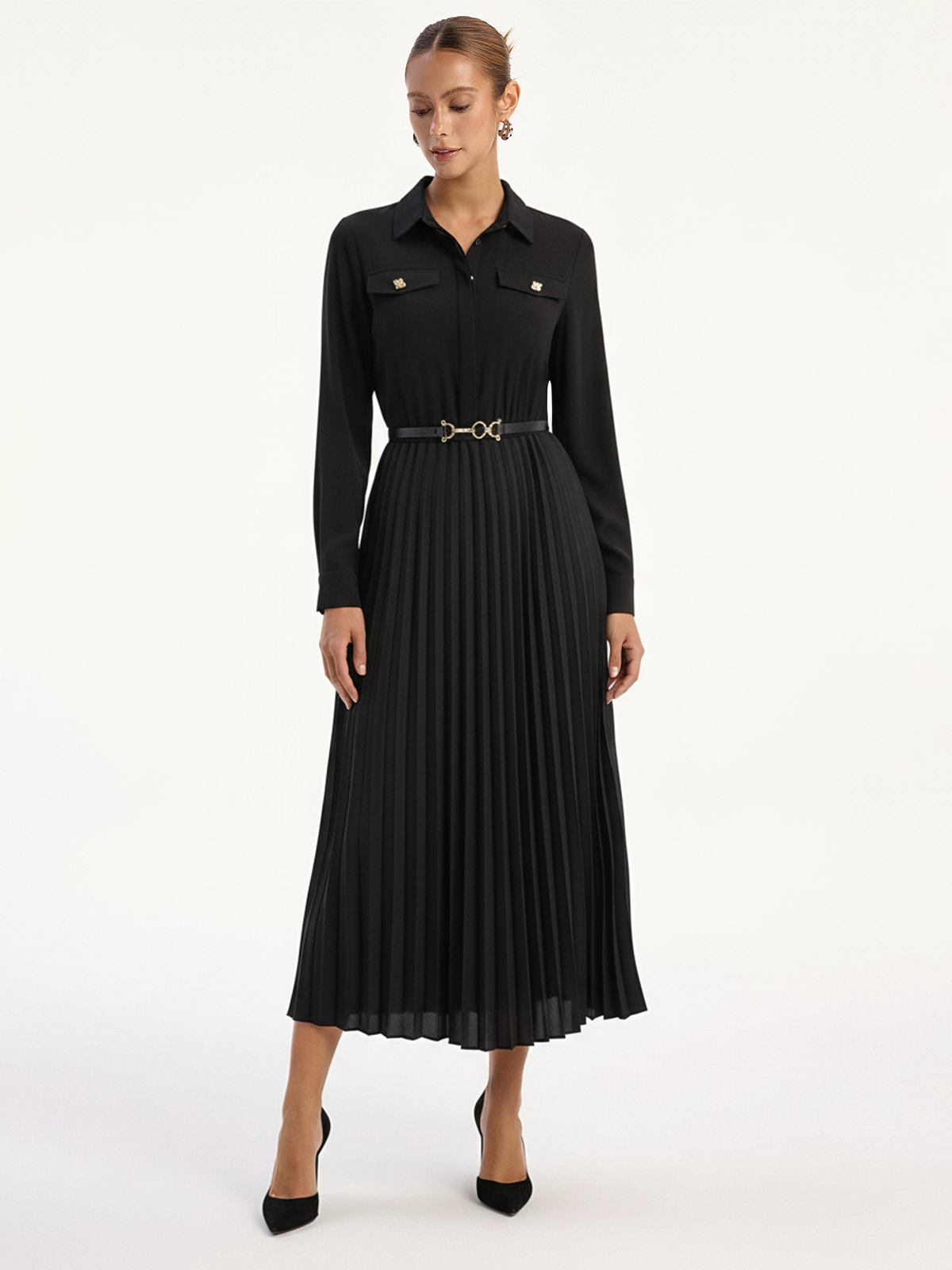 Belted Pleated Long Sleeve Shirt Dress-Chicvia